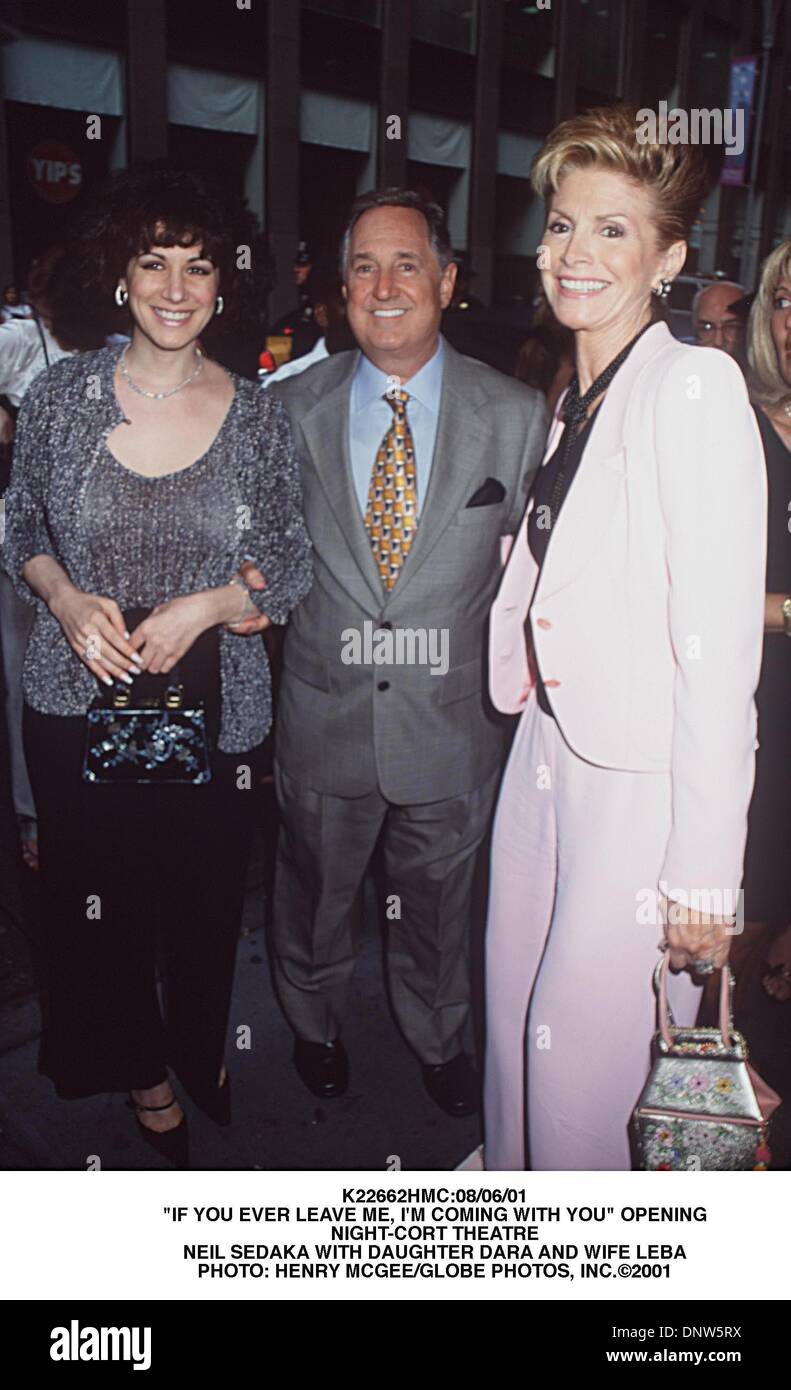 Aug. 6, 2001 - K22662HMC:08/06/01.''IF YOU EVER LEAVE ME, I'M COMING WITH YOU'' OPENING.NIGHT-CORT THEATRE.NEIL SEDAKA WITH DAUGHTER DARA AND WIFE LEBA. HENRY MCGEE/   2001(Credit Image: © Globe Photos/ZUMAPRESS.com) Stock Photo