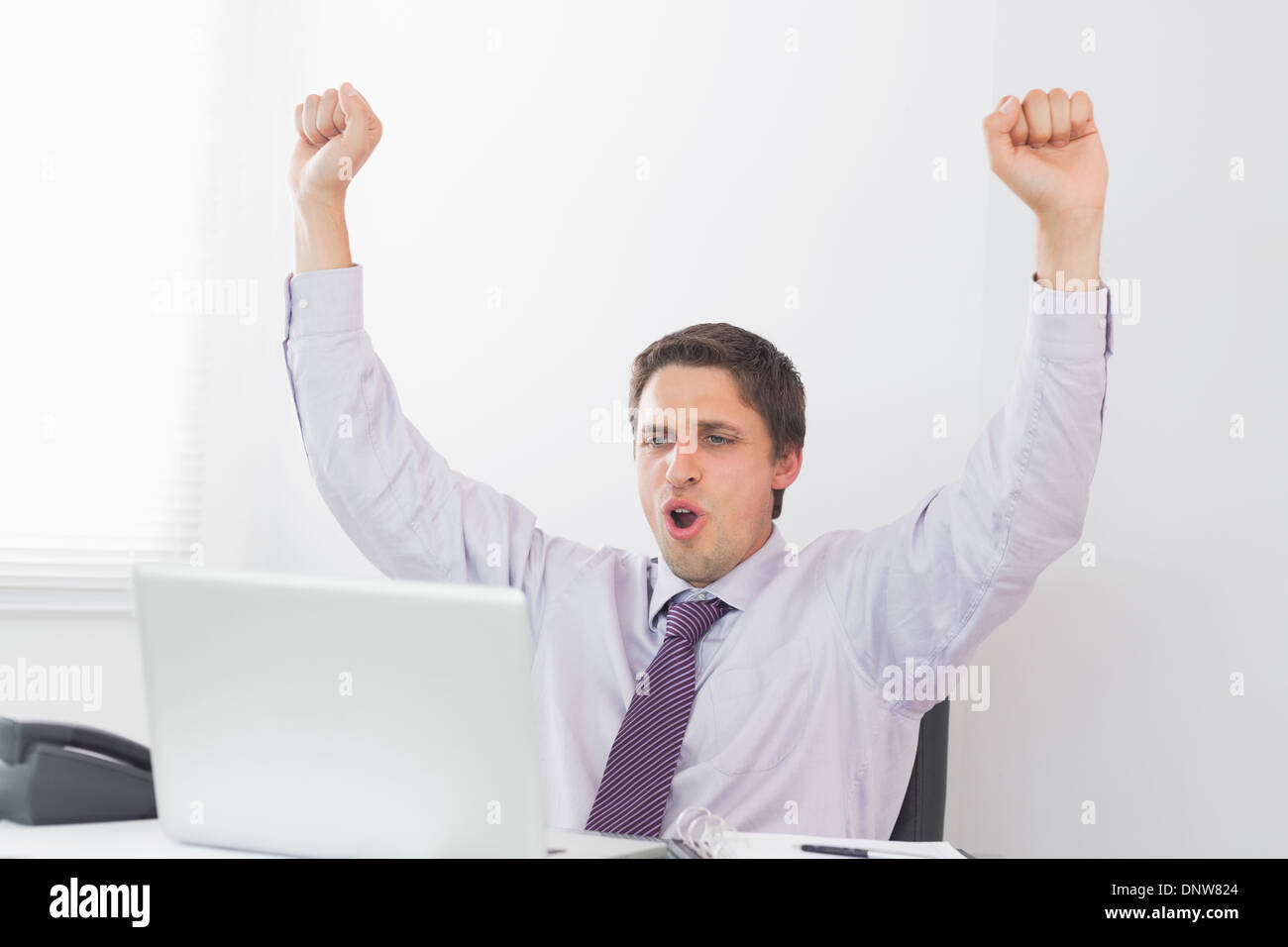 Businessman cheering in front of laptop in office Stock Photo