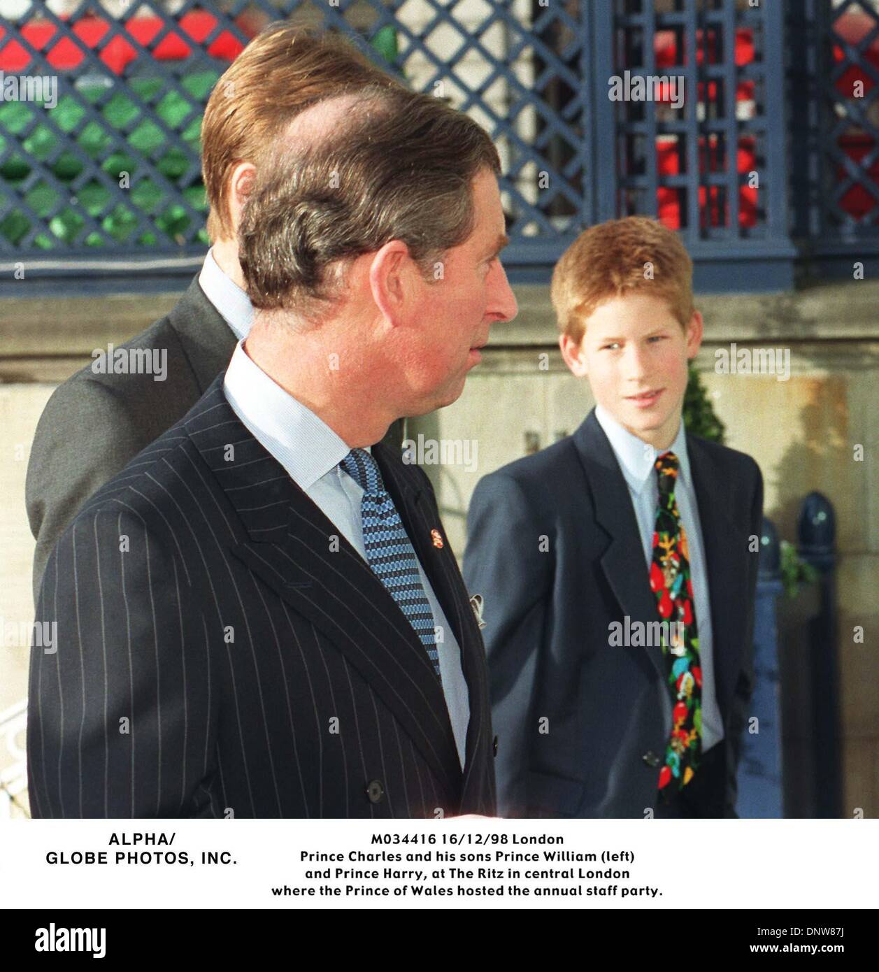 Dec. 16, 1998 - London, Great Britain - M034416 16/12/98 London.Prince Charles and his sons Prince William (left) and Prince Harry, at The Ritz in central London.where the Prince of Wales hosted the annual staff party.(Credit Image: © Globe Photos/ZUMAPRESS.com) Stock Photo