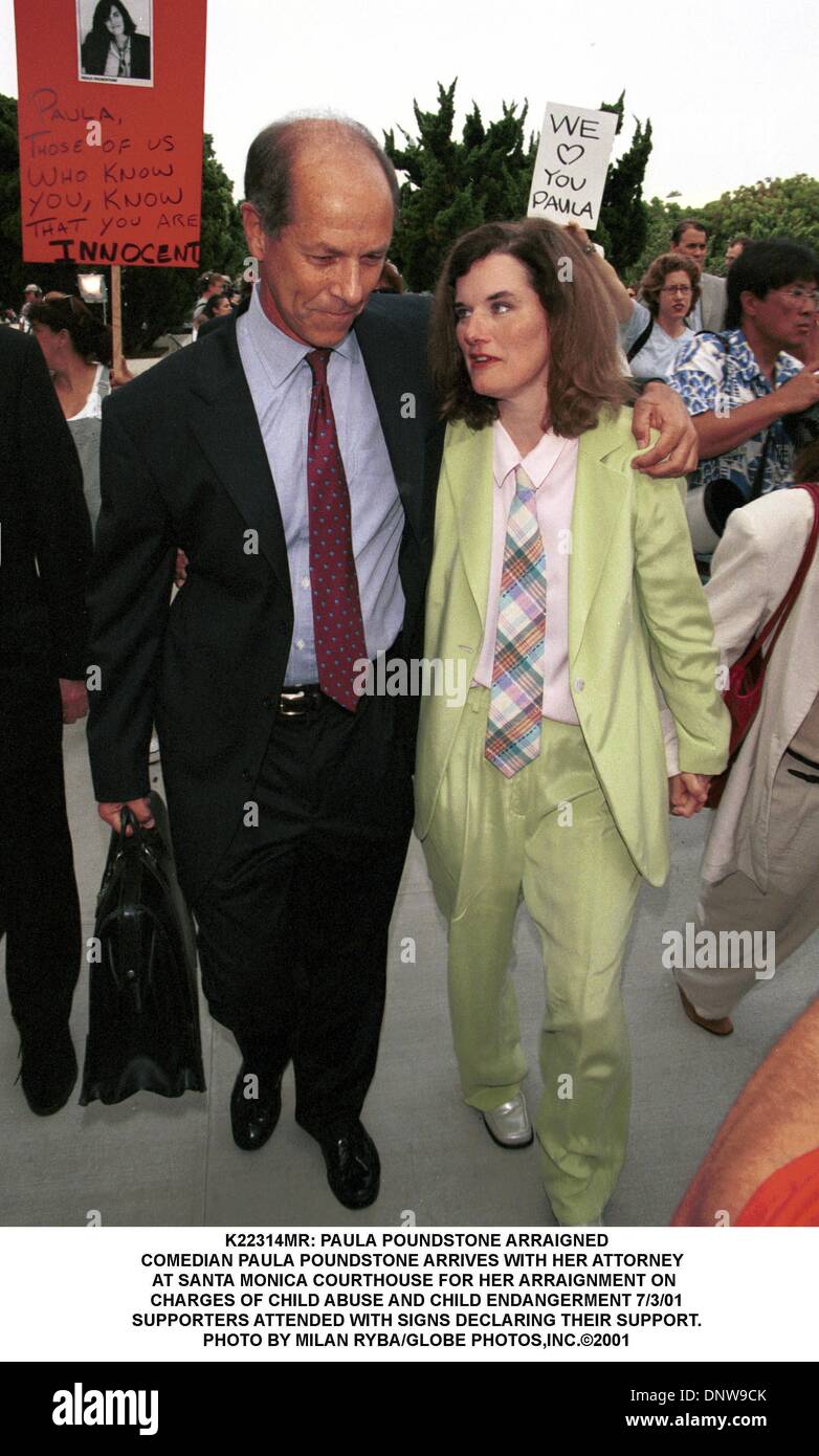 July 3, 2001 - K22314MR: PAULA POUNDSTONE ARRAIGNED.COMEDIAN PAULA POUNDSTONE ARRIVES WITH HER ATTORNEY  .AT SANTA MONICA COURTHOUSE FOR HER ARRAIGNMENT ON .CHARGES OF CHILD ABUSE AND CHILD ENDANGERMENT 7/3/01.SUPPORTERS ATTENDED WITH SIGNS DECLARING THEIR SUPPORT.. MILAN RYBA/   2001(Credit Image: © Globe Photos/ZUMAPRESS.com) Stock Photo