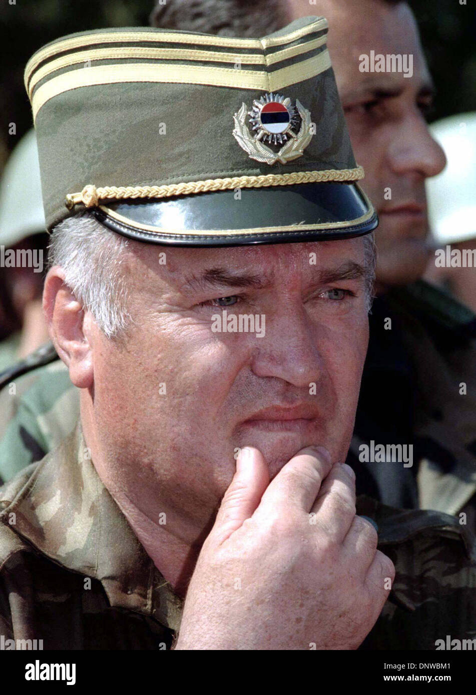 FILE PHOTO - Fugitive Bosnian Serb war crimes suspect RATKO MLADIC has been arrested in Serbia after 16 years on the run.  Mladic, 69, was found in the village of Lazarevo in northern Serbia where had been living under an assumed name. He faces charges over the massacre of at least 7,500 Bosnian Muslim men and boys at Srebrenica in 1995.  PICTURED:  Apr. 01, 1996 - Pale, Bosnia and Stock Photo
