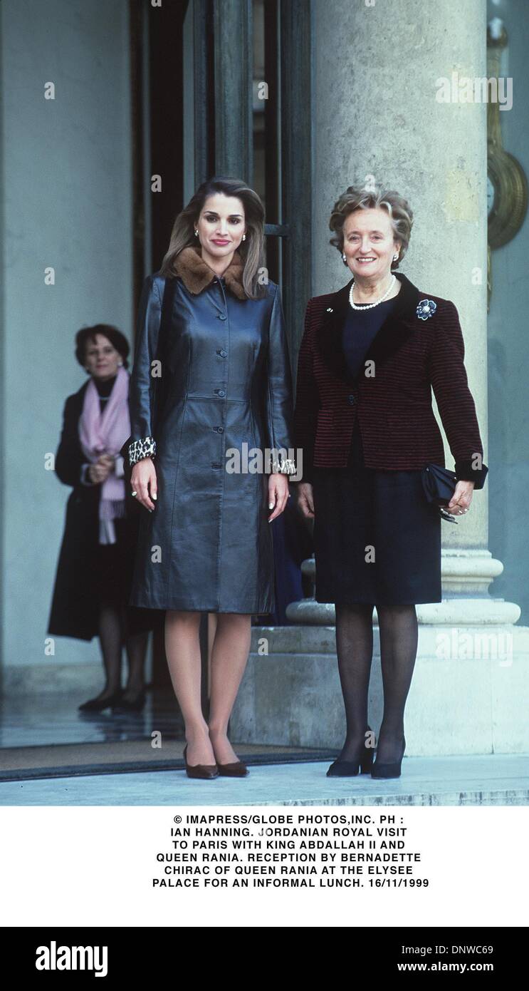 Nov. 16, 1999 - Â© IMAPRESS/   PH : IAN HANNING. JORDANIAN ROYAL VISIT TO PARIS WITH KING ABDALLAH II AND QUEEN RANIA. RECEPTION BY BERNADETTE CHIRAC OF QUEEN RANIA AT THE ELYSEE PALACE FOR AN INFORMAL LUNCH. 16/11/1999(Credit Image: © Globe Photos/ZUMAPRESS.com) Stock Photo