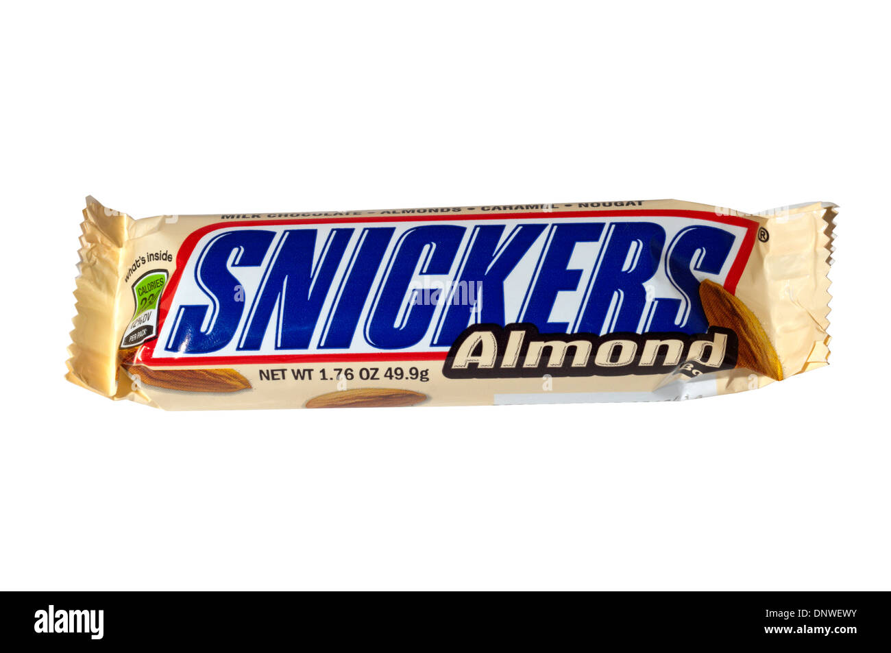 An Almond Snickers bar made by Mars incorporated, previously known as Marathon. Stock Photo