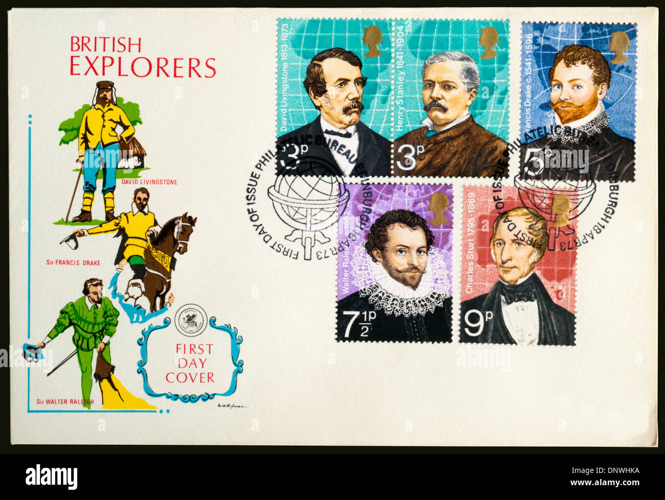 1973 First Day Cover commemorating British Explorers. Stock Photo