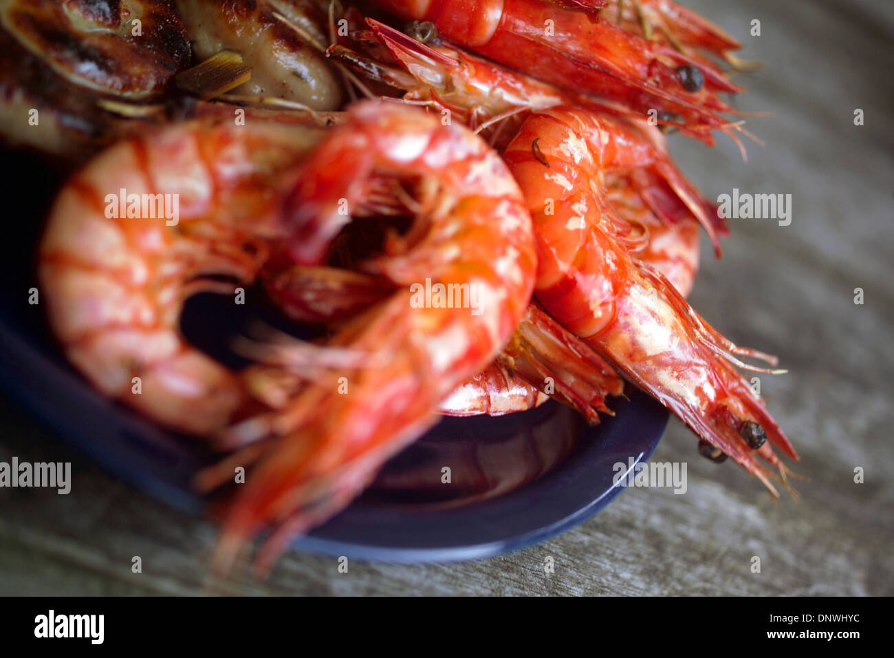 Plate of barbequed crevettes / Cooked prawns Stock Photo