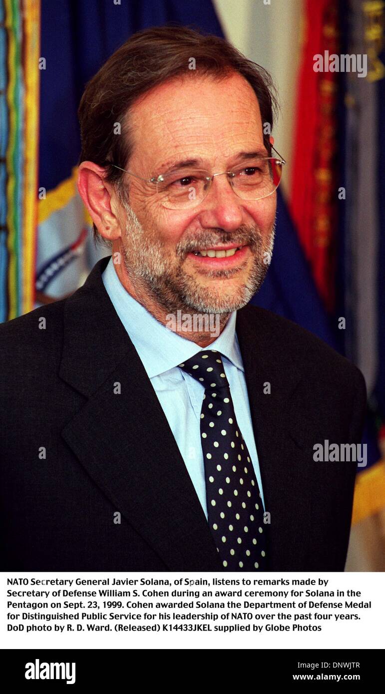 Sept. 23, 1999 - 990923-D-9880W-080..NATO Secretary General Javier Solana,  of Spain, listens to remarks made by Secretary of Defense William S. Cohen  during an award ceremony for Solana in the Pentagon on