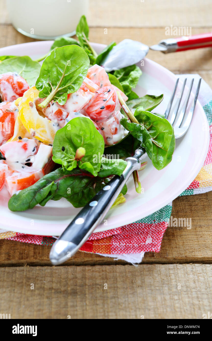 fresh vegetable salad with Greek yogurt, food closeup Stock Photo