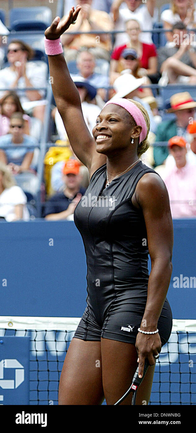 Aug. 28, 2002 - New York, NEW YORK, USA - NEW YORK, Aug. 28, 2002                    1st seed SERENA WILLIAMS  (USA) celebrates her straight  set victory over Dinara Safina (RUS) during Aug. 28, 2002 play at the 2002 US OPEN in Flushing Meadows, New York. .    2002.K26038LC(Credit Image: © Globe Photos/ZUMAPRESS.com) Stock Photo