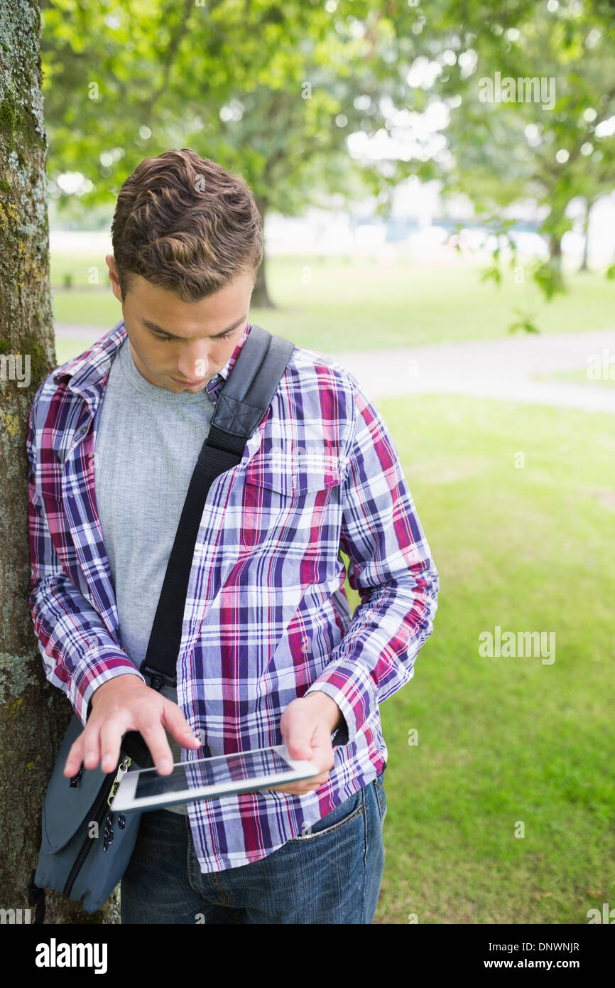 Handsome student leaning on tree using his tablet Stock Photo