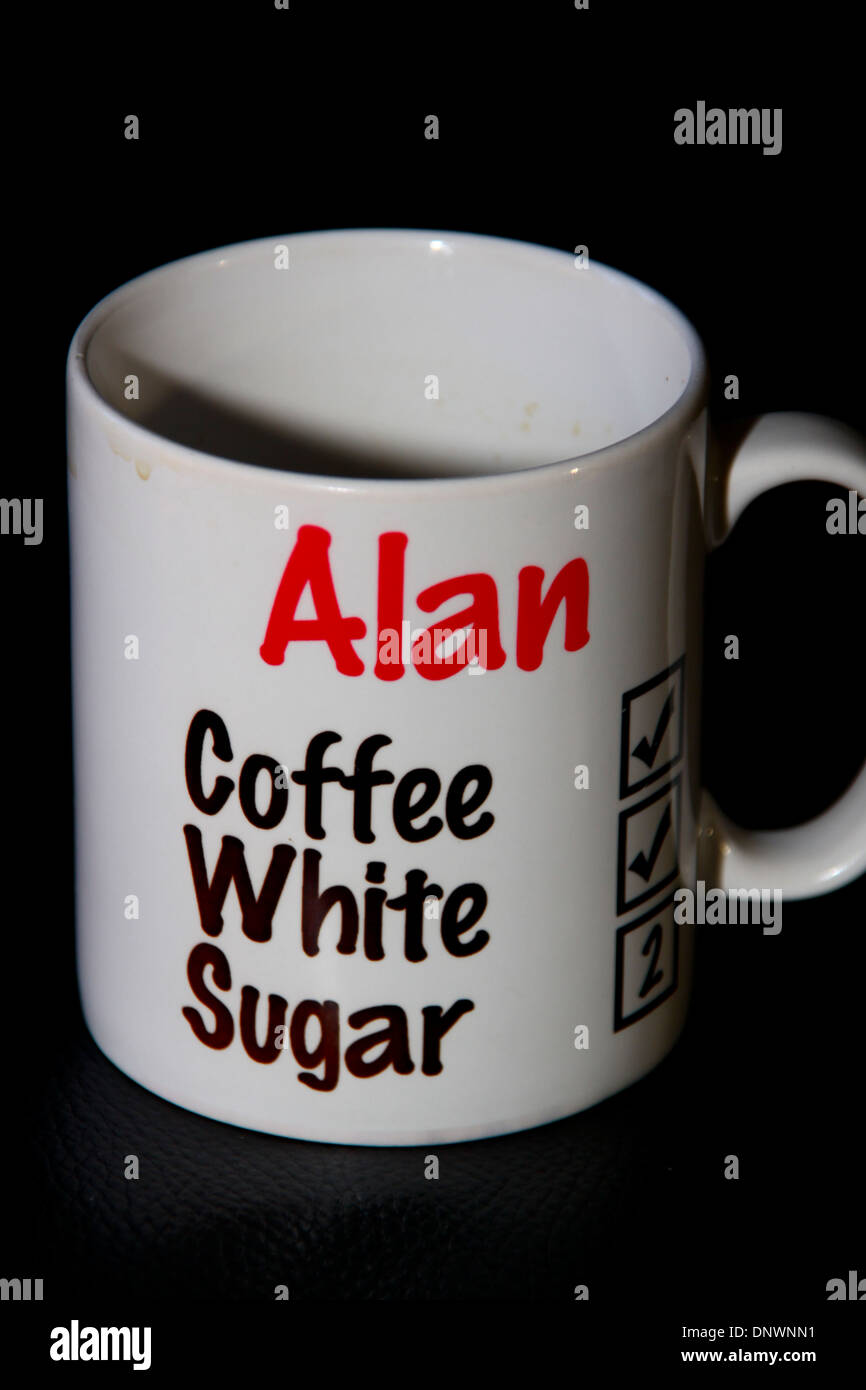 White office coffee mug with drink order on side Stock Photo