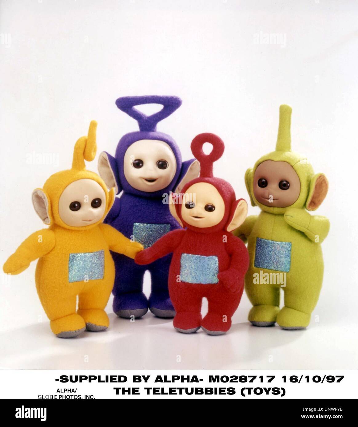 Feb. 19, 2001 - ENGLAND - 16/10/97 TELETUBBIES { TOYS } FROM LEFT TO RIGHT : LAA LAA , TINKY WINKY , PO AND DIPSY(Credit Image: © Globe Photos/ZUMAPRESS.com) Stock Photo