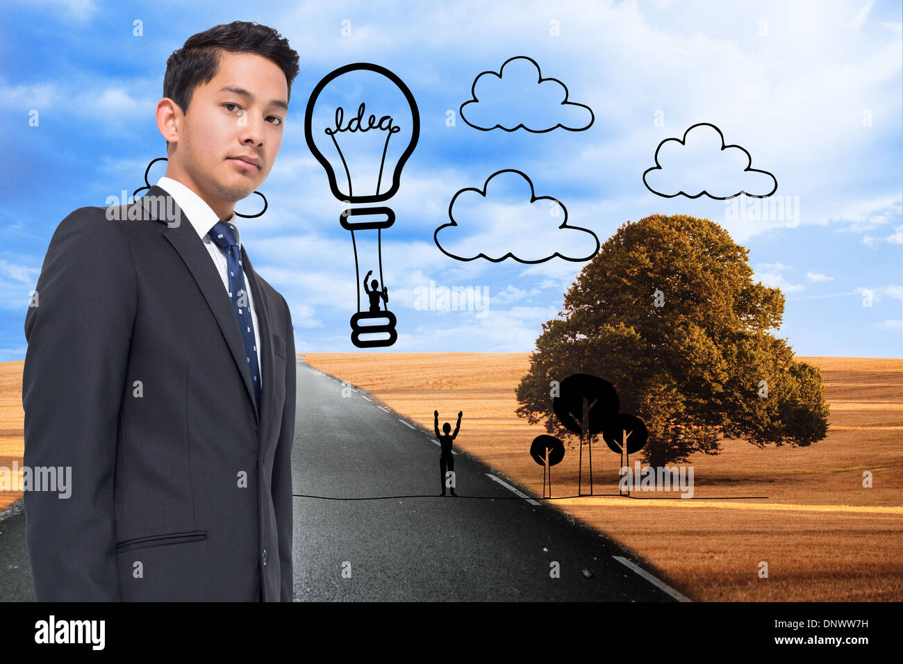 Composite image of hot balloon graphic on scenery with street Stock Photo