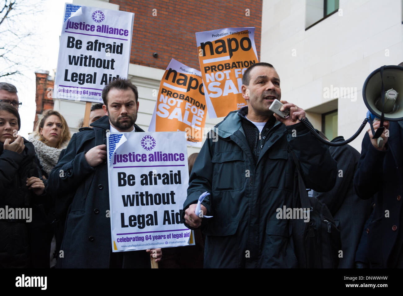 London, UK. 6th Jan, 2013.  Ian Lawrence of NAPO,  the union, professional association and campaign organisation for workers in the Probation Service speaks at a demonstration outside Westminster Magistrates Court against Government cuts to legal aid, as across England and Wales criminal barristers hold a half-day stoppage, the first such action by lawyers in British history. Credit:  Patricia Phillips/Alamy Live News Stock Photo