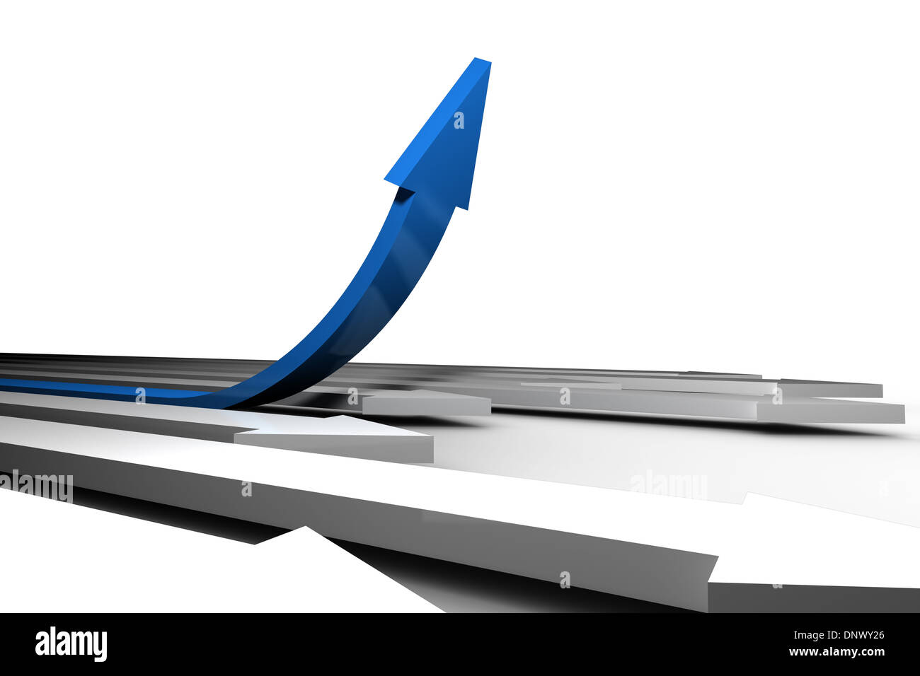 Blue arrow pointing up from white surface Stock Photo Alamy