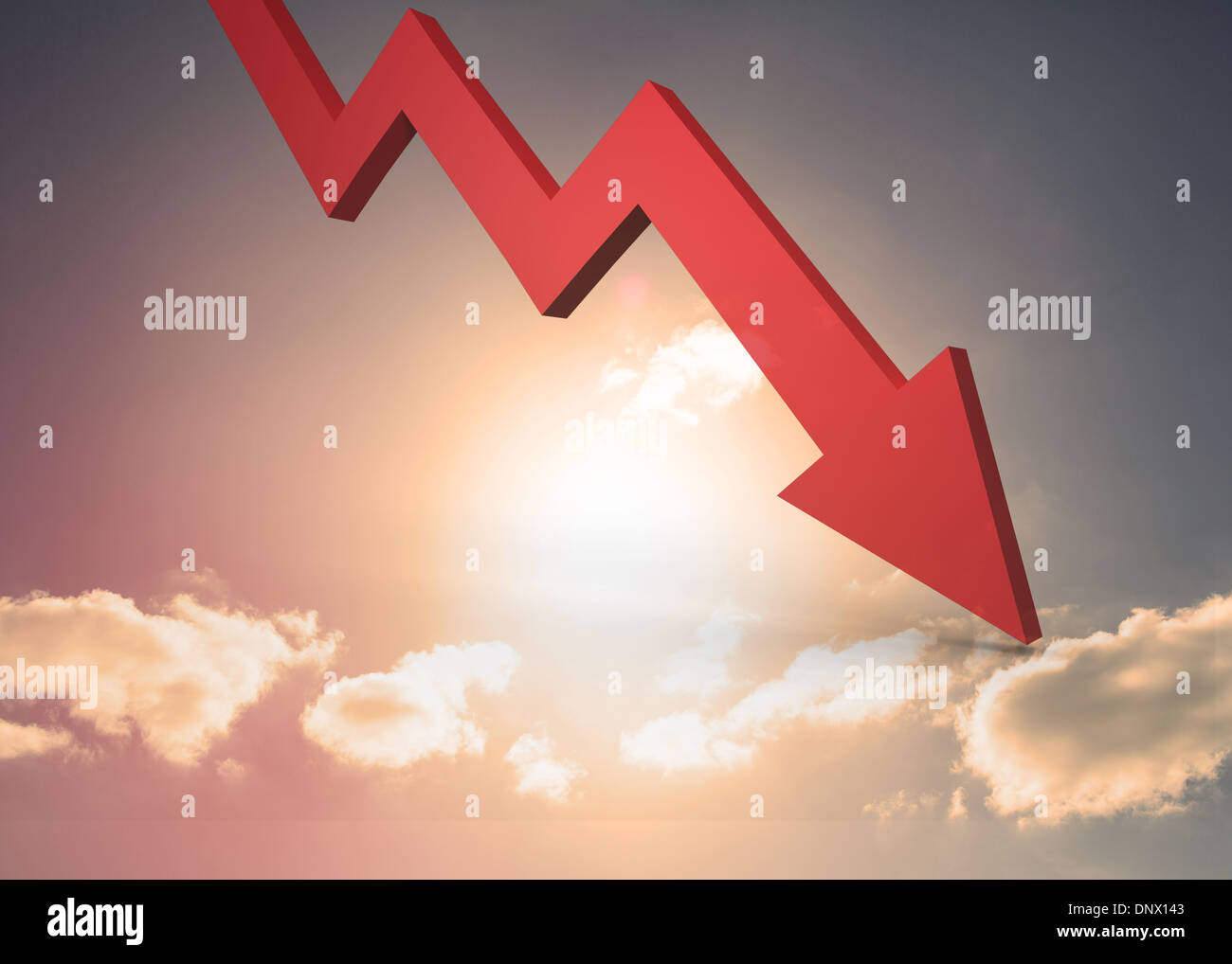 Red arrow pointing down against sky Stock Photo