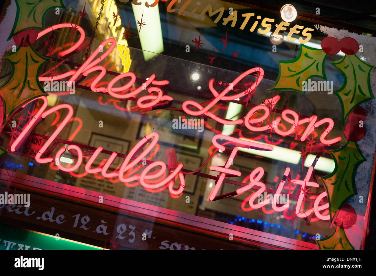 Chez Léon restaurant neon Rue des Bouchers Brussels Belgium Stock Photo