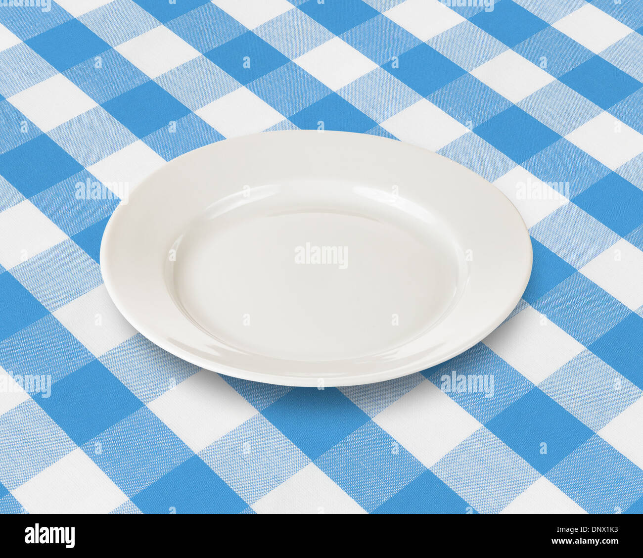 plate or dish over blue checked fabric tablecloth Stock Photo