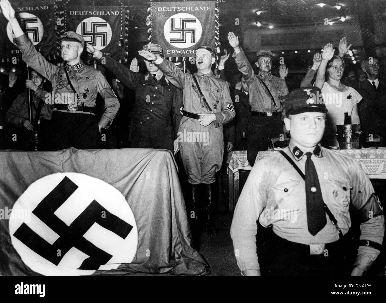 Sept. 3, 1932 - Berlin, Germany - Nazi leader ADOLF HITLER (C) saluting at the sports palace in Berlin. To the left is Prince August Wilhelm. (Credit Image: © KEYSTONE Pictures USA/ZUMAPRESS.com) Stock Photo