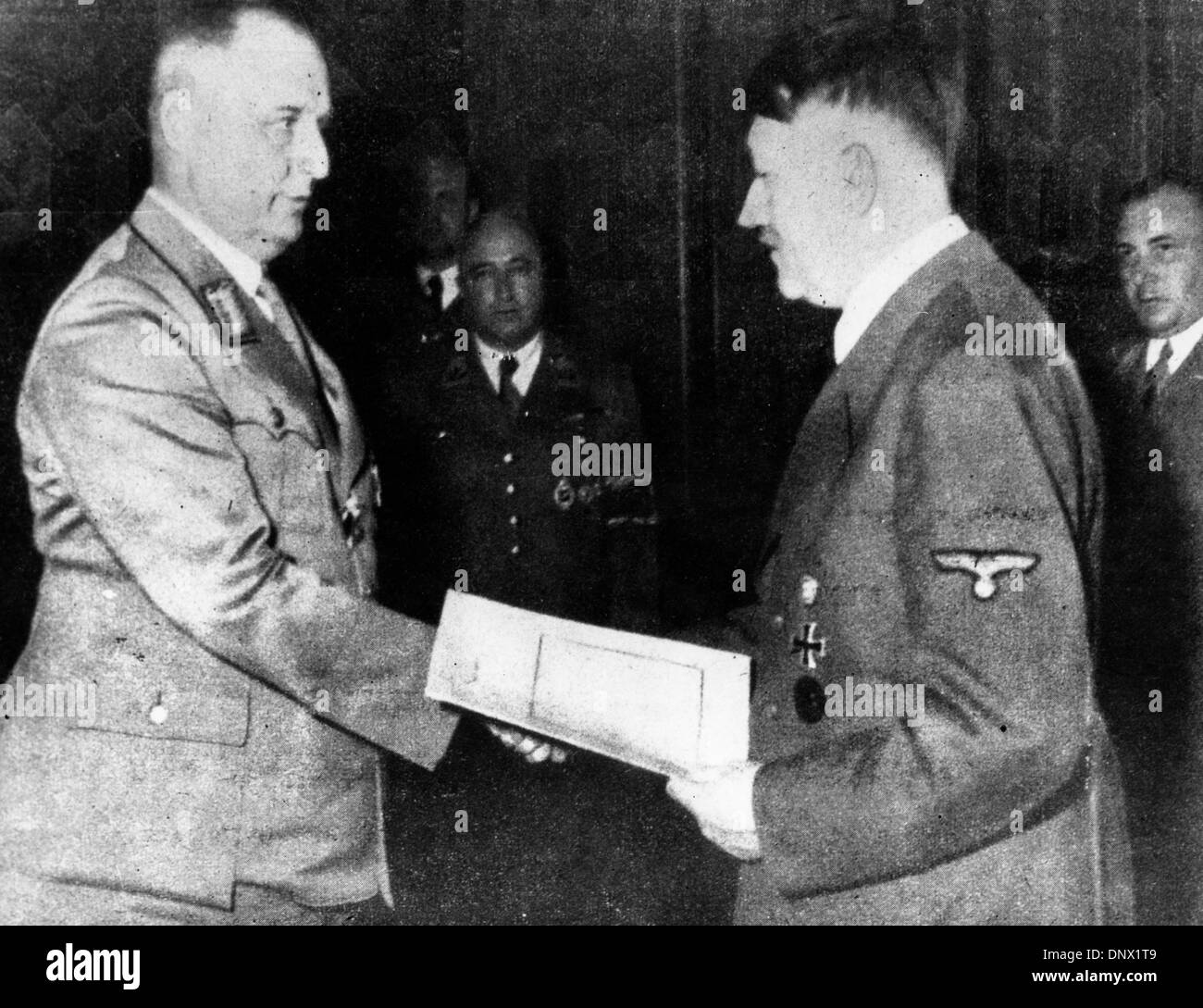 Feb. 18, 1934 - Berlin, Germany - ADOLF HITLER Imperial Chancellor of Germany and the leader of the Nazi Party and PAUL GIESLER. Adolf Hitler (April 20, 1889ÐApril 30, 1945) was the Fuhrer und Reichskanzler (Leader and Imperial chancellor) of Germany from 1933 to his death. He was leader of the National Socialist German Workers Party (NSDAP), better known as the Nazi Party. At the  Stock Photo