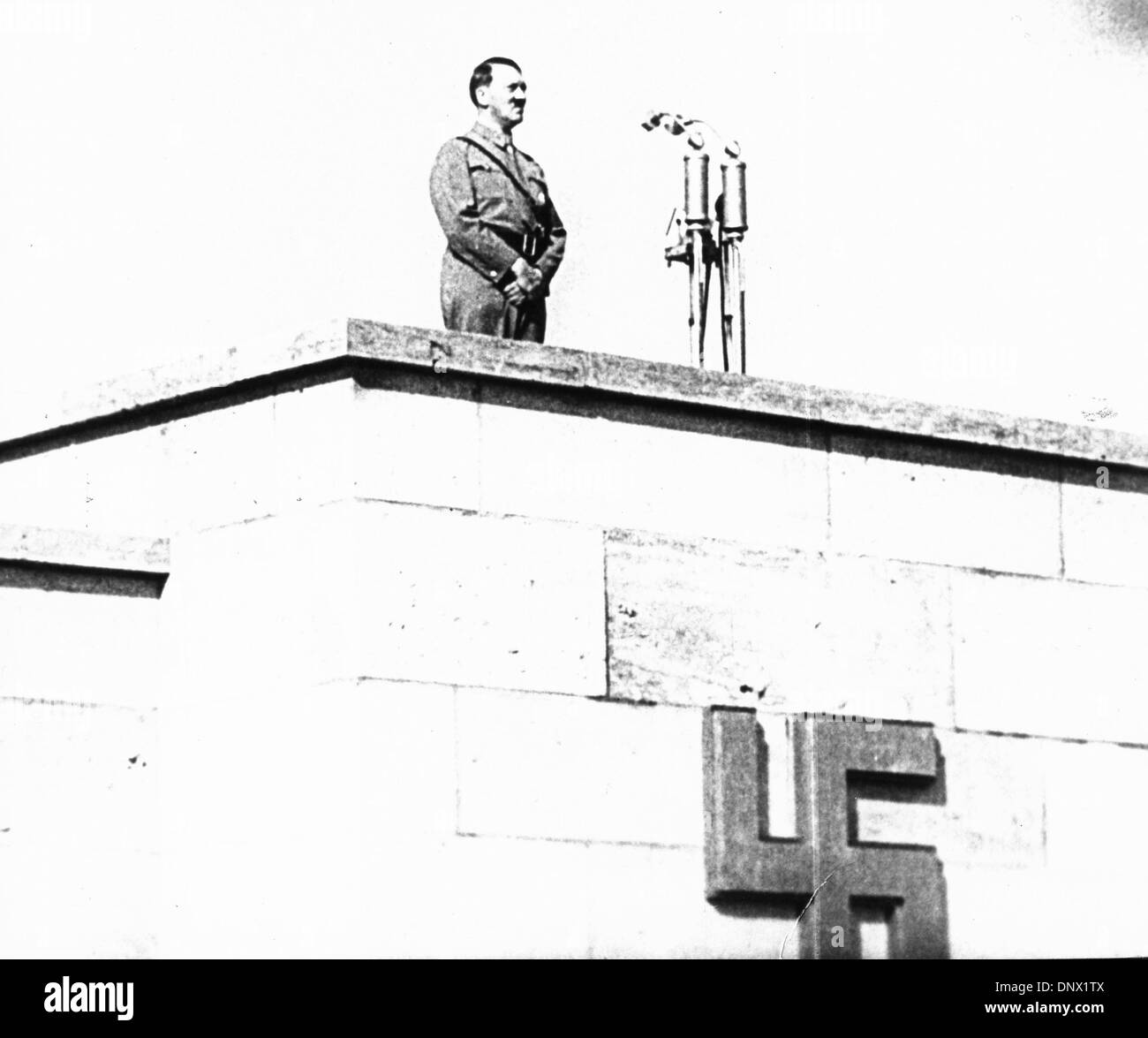 March 22, 1936 - Nuremberg, Bavaria, Germany - ADOLF HITLER Imperial Chancellor of Germany and the leader of the Nazi Party speaking at a Nuremberg Party Rally. Adolf Hitler (April 20, 1889ÐApril 30, 1945) was the Fuhrer und Reichskanzler (Leader and Imperial chancellor) of Germany from 1933 to his death. He was leader of the National Socialist German Workers Party (NSDAP), better  Stock Photo