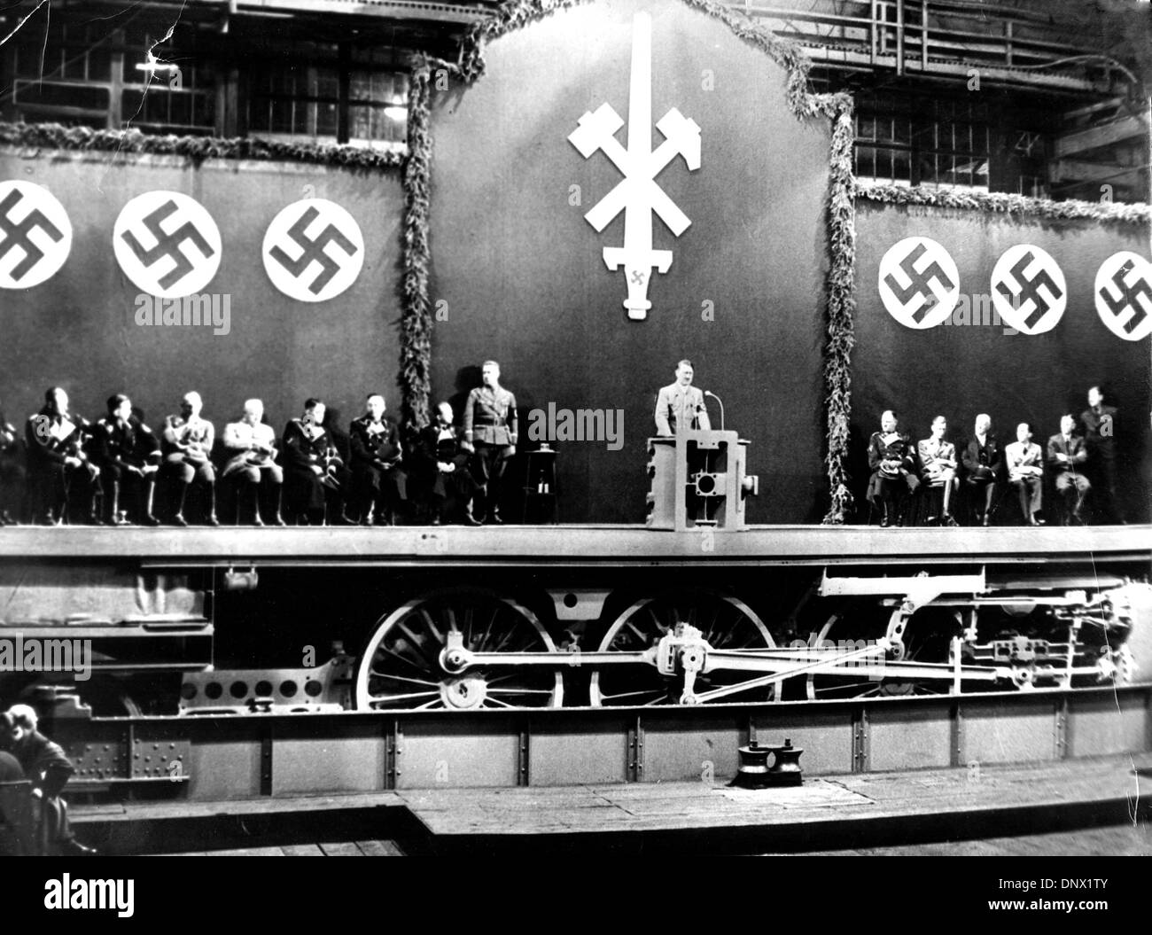March 28, 1936 - Essen, Germany - Nazi leader ADOLF HITLER gives a speech at the Krupp factories in Essen, Germany. (Credit Image: © KEYSTONE Pictures USA/ZUMAPRESS.com) Stock Photo