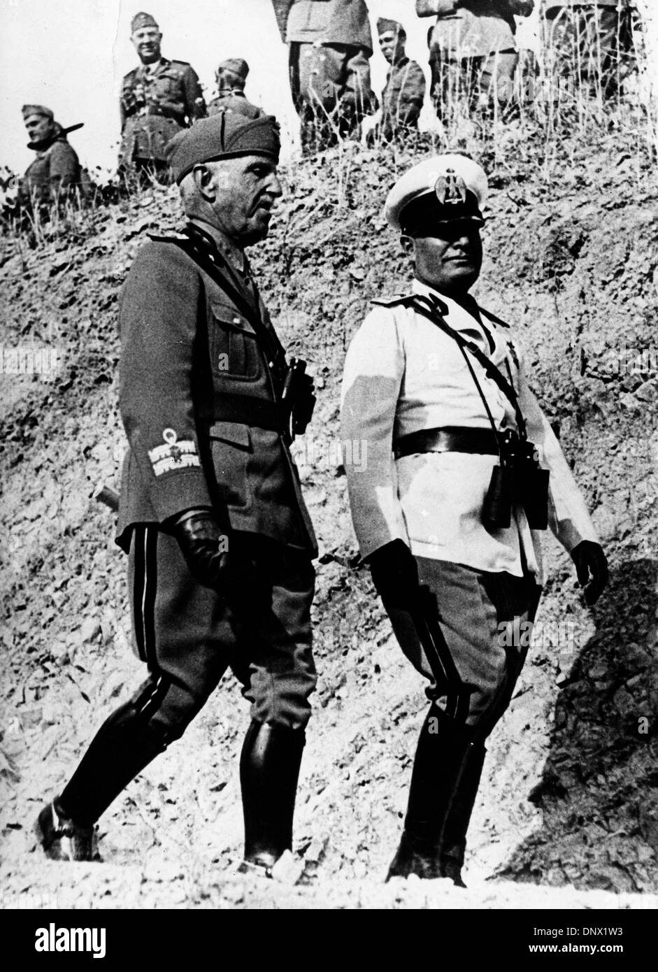 May 10, 1936 - Rome, Italy - BENITO MUSSOLINI (1883-1945) the Italian dictator and leader of the Fascist movement walking around camp with VICTOR EMMANUEL. (Credit Image: © KEYSTONE Pictures USA/ZUMAPRESS.com) Stock Photo