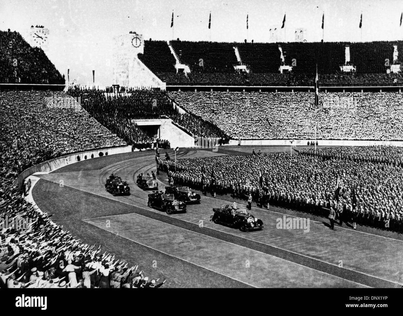 Feb. 19, 1937 - Berlin, Germany - ADOLF HITLER arrives for Olympics games. Adolf Hitler (April 20, 1889ÐApril 30, 1945) was the Fuhrer und Reichskanzler (Leader and Imperial chancellor) of Germany from 1933 to his death. He was leader of the National Socialist German Workers Party (NSDAP), better known as the Nazi Party. At the height of his power, the armies of Nazi Germany and it Stock Photo