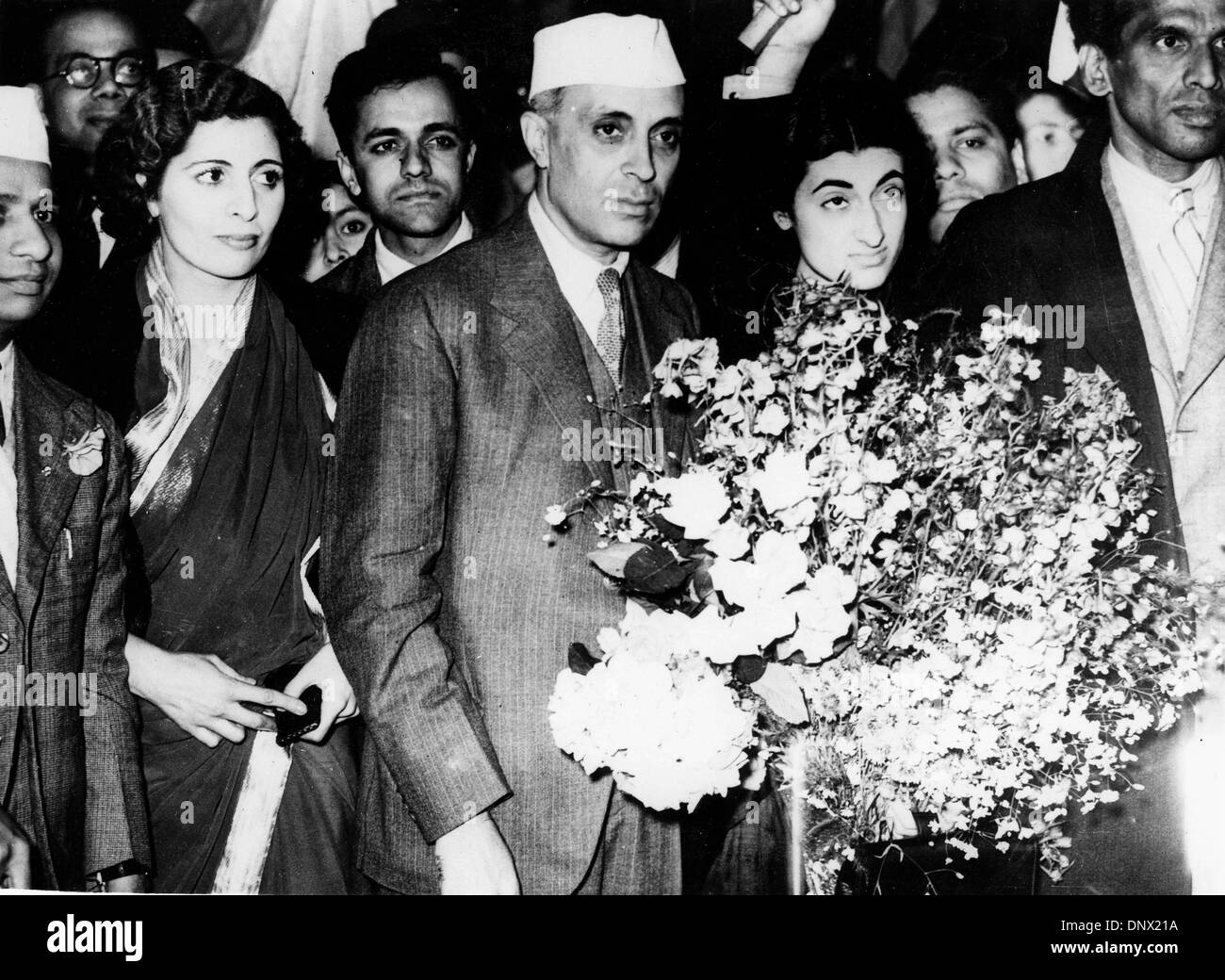 June 23, 1938 - Victoria, Newbury, U.K. - Pandit JAWAHARLAL NEHRU former President of the Indian Congress Party and his daughter Prime Minister of India, INDIRA GANDHI at a party. (Credit Image: © KEYSTONE Pictures USA/ZUMAPRESS.com) Stock Photo