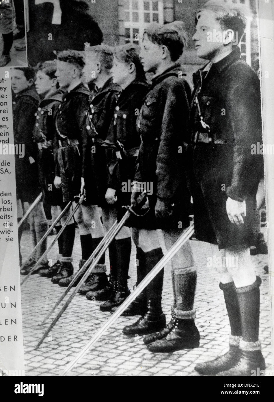 Aug. 22, 1938 - Nuremberg, Germany - Young boys stand at attention at Hitler youth training camp. (Credit Image: © KEYSTONE Pictures USA/ZUMAPRESS.com) Stock Photo