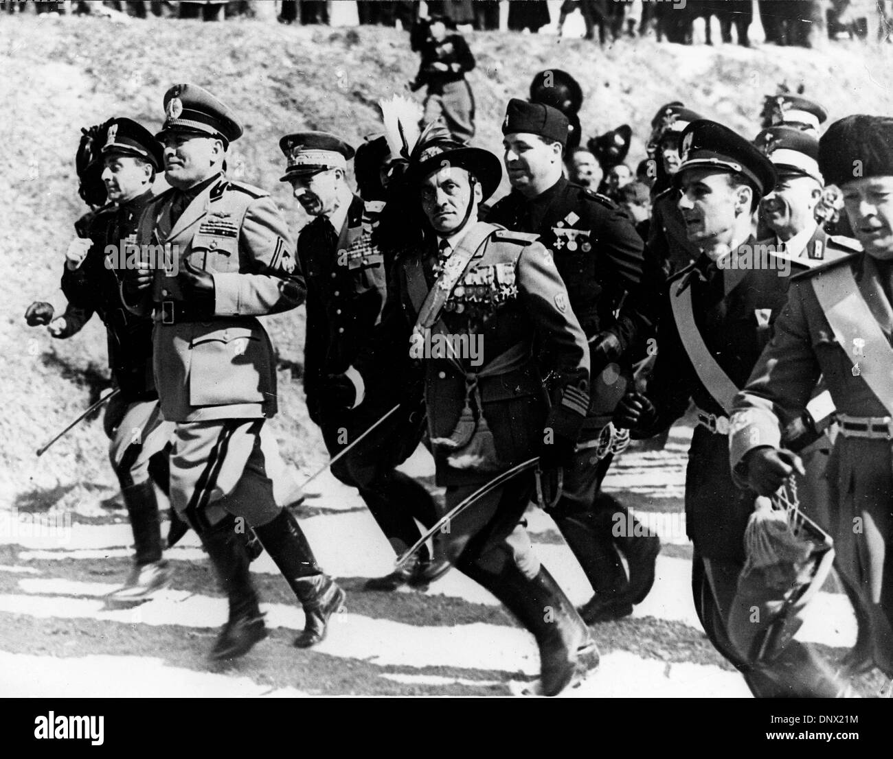 Sept. 23, 1938 - Rome, Italy - BENITO MUSSOLINI (1883-1945) the Italian dicator and dictator of the Fascist movement trotting at the double with men of the Italian Bersaglieri at Gradisca in the Venetian Province. ((Credit Image: © KEYSTONE Pictures USA/ZUMAPRESS.com) Stock Photo