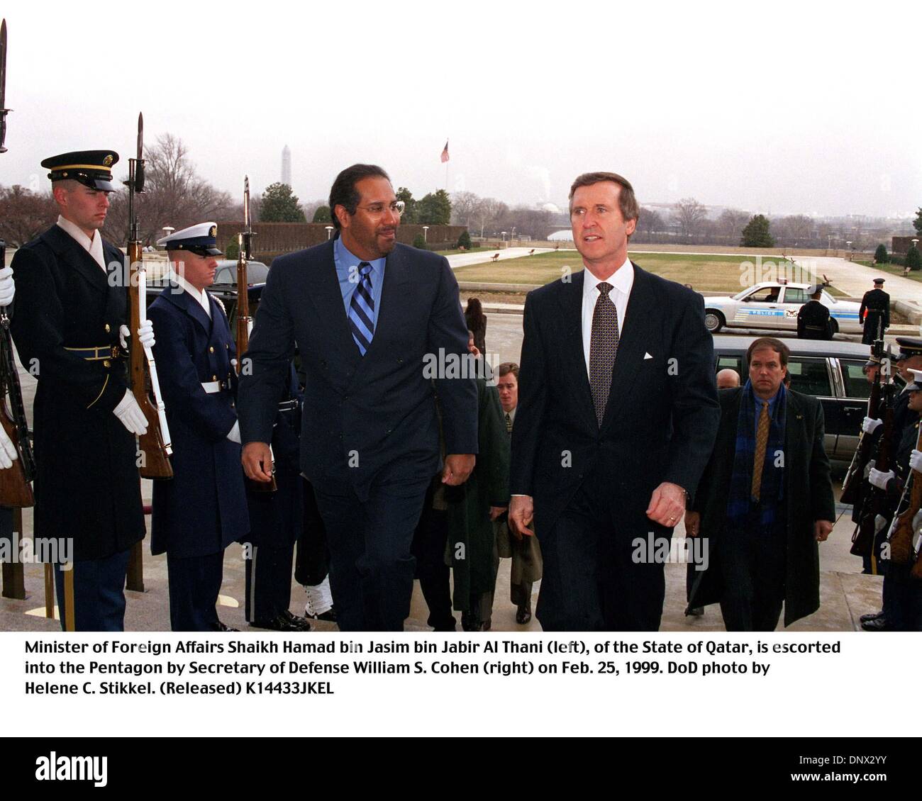 Feb. 25, 1999 - K14433JKEL     990225-D-2987S-003..Minister of Foreign Affairs Shaikh Hamad bin Jasim bin Jabir Al Thani (left), of the State of Qatar, is escorted into the Pentagon by Secretary of Defense William S. Cohen (right) on Feb. 25, 1999.  DoD  Helene C. Stikkel.  (Released).   1999.(Credit Image: © Globe Photos/ZUMAPRESS.com) Stock Photo