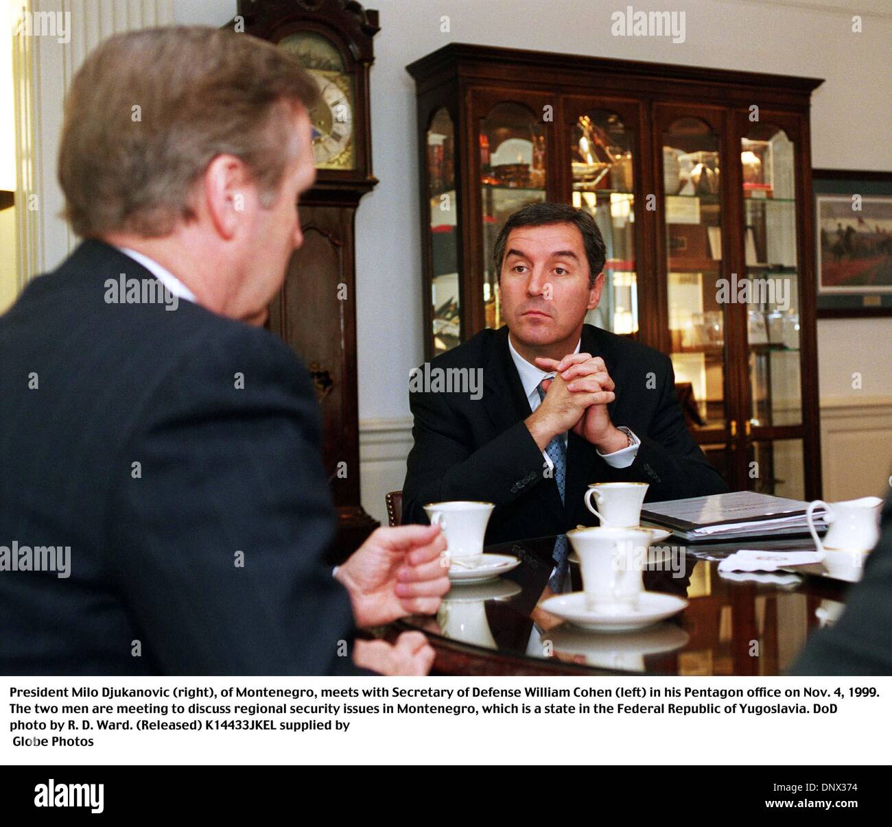 Nov. 4, 1999 - 991104-D-9880W-055..President Milo Djukanovic (right), of Montenegro, meets with Secretary of Defense William Cohen (left) in his Pentagon office on Nov. 4, 1999.  The two men are meeting to discuss  regional security issues in Montenegro, which is a state in the Federal Republic of Yugoslavia.  DoD  R. D. Ward.  (Released)(Credit Image: © Globe Photos/ZUMAPRESS.com) Stock Photo