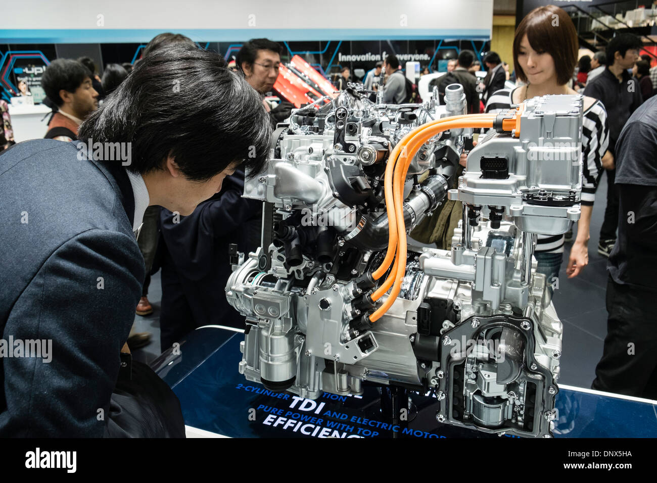 Hybrid diesel electric engine by Volkswagen on display at Tokyo Motor Show 2013 in Japan Stock Photo
