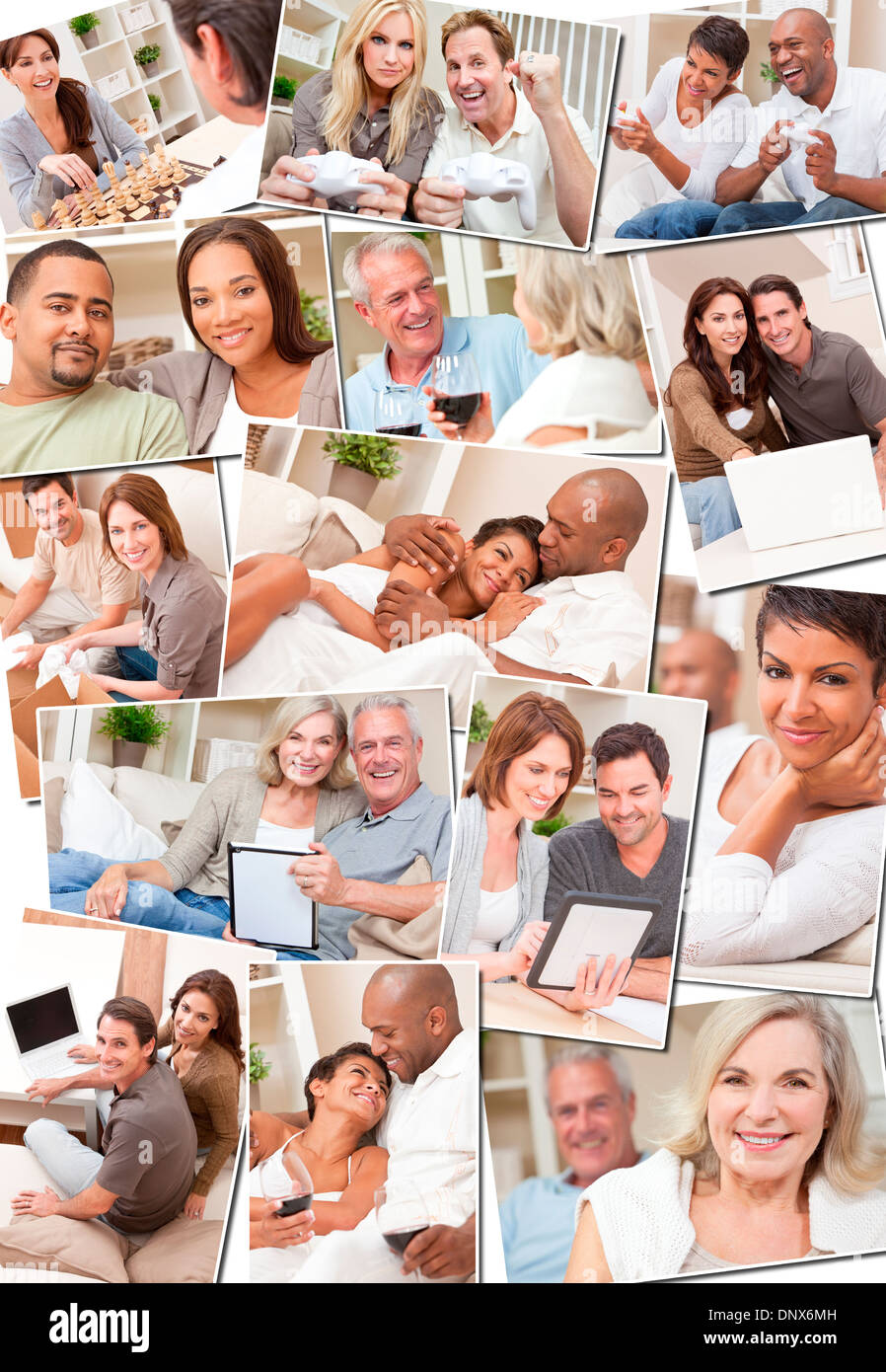 couples enjoying relaxing lifestyle at home, drinking wine, using tablet & laptop computer, unpacking boxes, playing video games Stock Photo