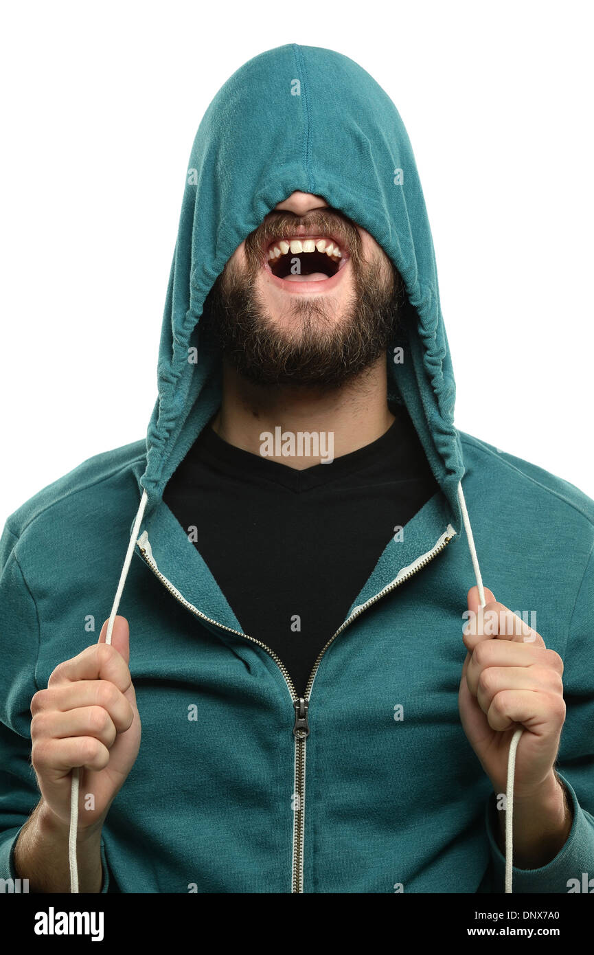 Young man with beard pulling hood over head isolated over white background  Stock Photo - Alamy