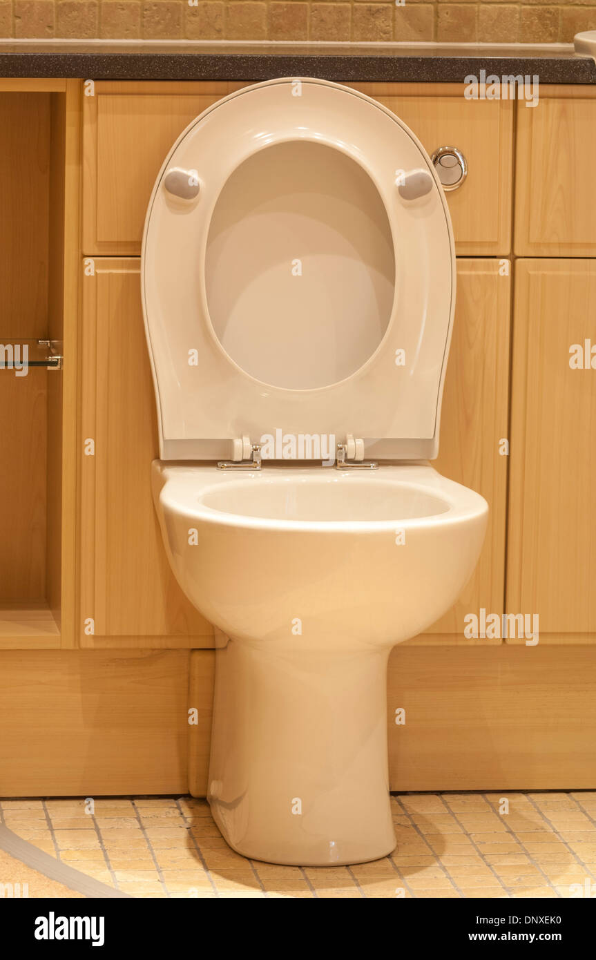 White modern toilet with lid and seat left up Stock Photo