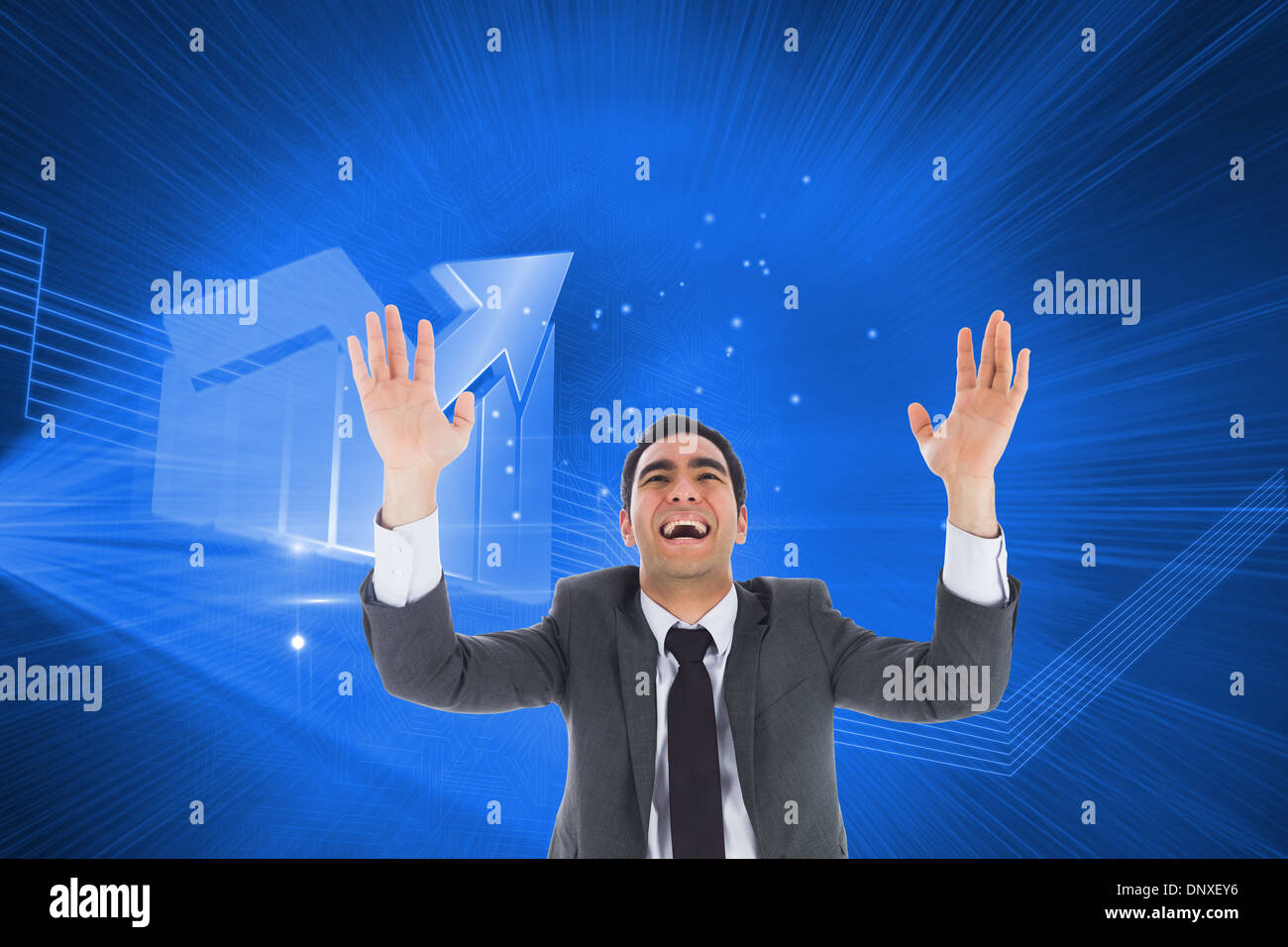 Composite image of excited businessman with arms raised Stock Photo - Alamy