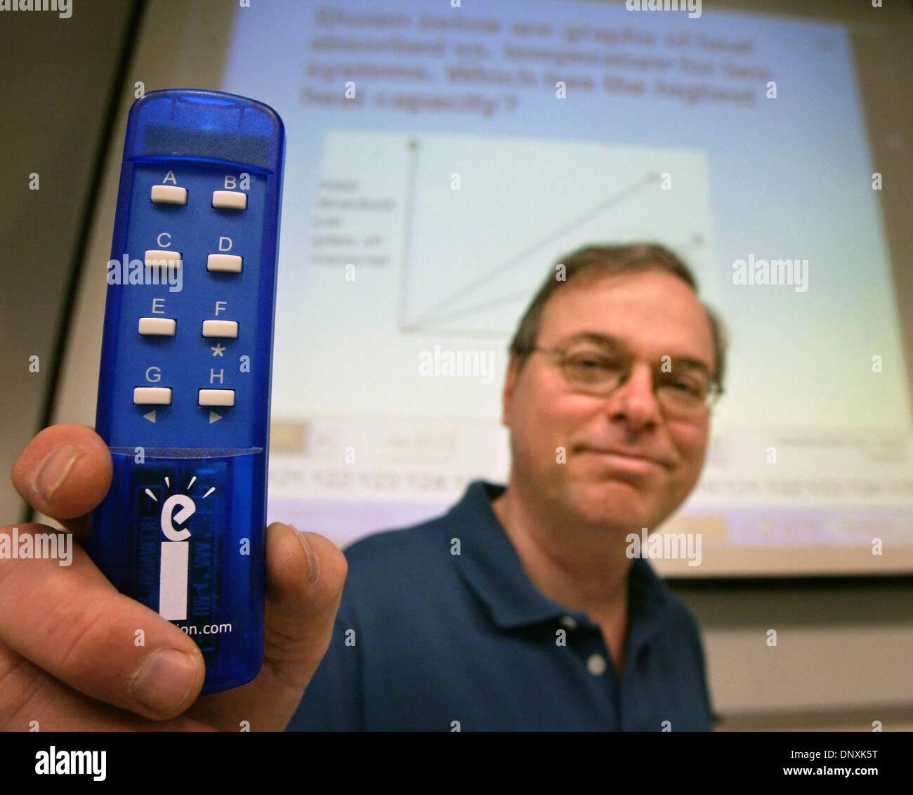 Dec 19, 2005; Boca Raton, FL, USA; Dr. Jerome Haky with one of the deivces he  introduced into FAU's classrooms that allows students to answer questions with a clicker right when he asks them. The device is bought at the bookstore and it gives the professor an idea right away whether kids understand the lecture or not. In large classrooms the teacher may not have known until test t Stock Photo