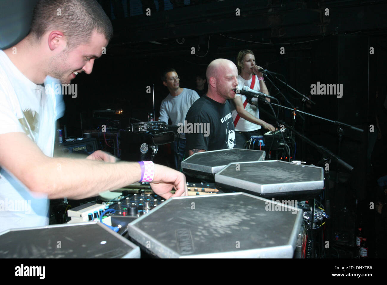 Dec 30, 2005; New York, NY, US; JJohn MaClean (bald) aka Juan Maclean performing with his band at Avalon on Friday night December 30, 2005. Nick is on the drum pads, Jerry on snare drums and cymbals, Eric is playing Theremin. Mandatory Credit: Photo by Aviv Small/ZUMA Press. (©) Copyright 2005 by Aviv Small Stock Photo