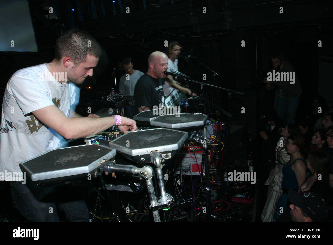Dec 30, 2005; New York, NY, US; John MaClean (bald) aka Juan Maclean performing with his band at Avalon on Friday night December 30, 2005. Nick is on the drum pads, Jerry on snare drums and cymbals, Eric is playing Theremin. Mandatory Credit: Photo by Aviv Small/ZUMA Press. (©) Copyright 2005 by Aviv Small Stock Photo