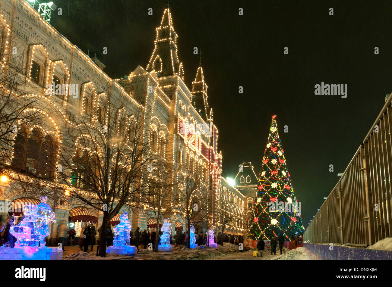 Christmas in Moscow, Russia. Red Square and Moscow state department store at night. Stock Photo