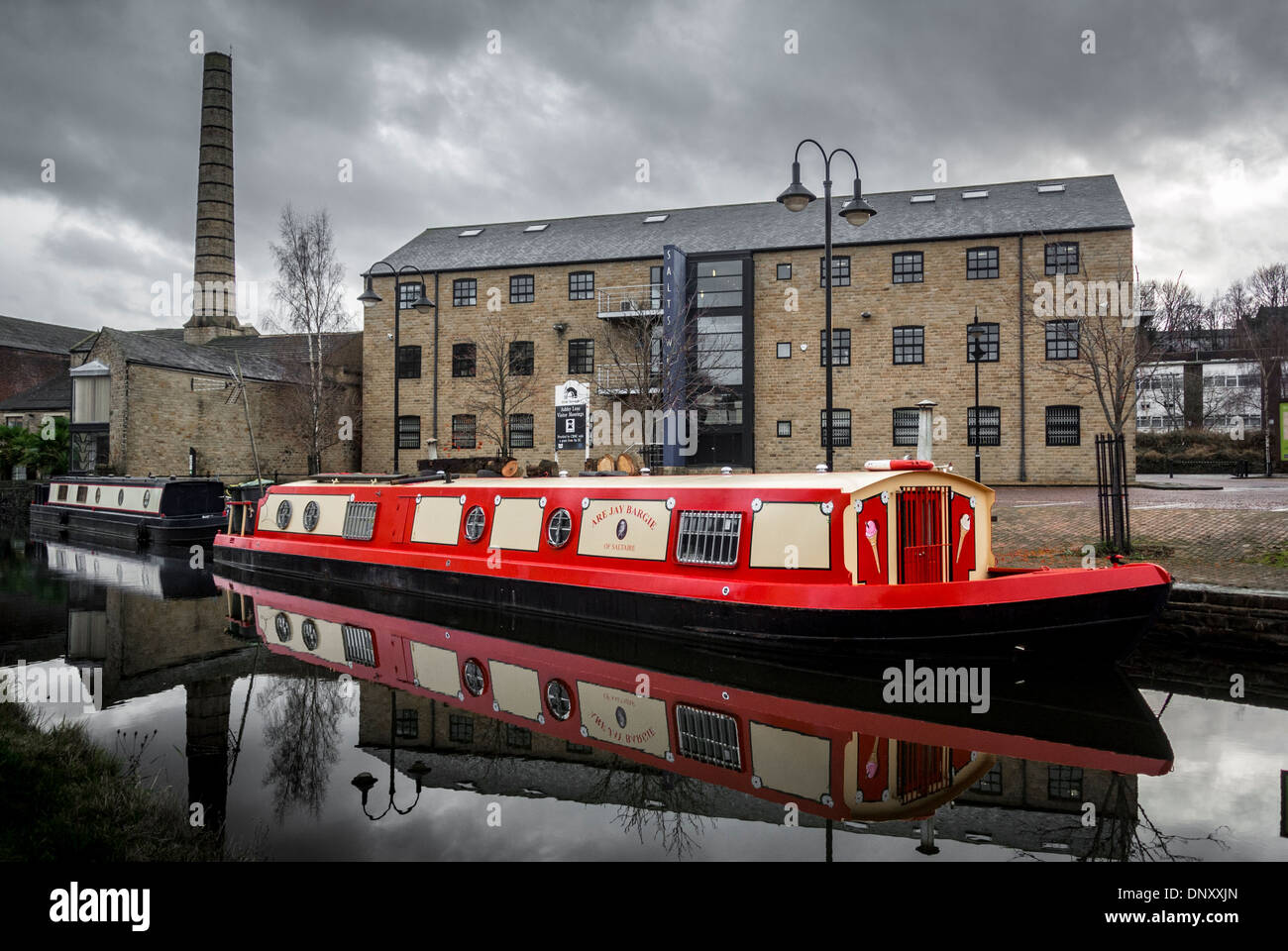Are Jay Bargie canal boat on Leeds Liverpool canal at Saltaire, West Yorkshire. Stock Photo