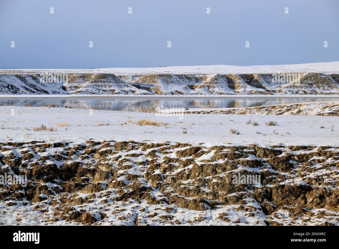 Salt pond with dusting of snow Laguna del Perro in the Estancia Basin