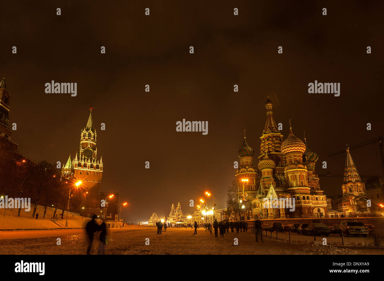St Basils Cathedral and Spasskaya tower at winter night Stock Photo