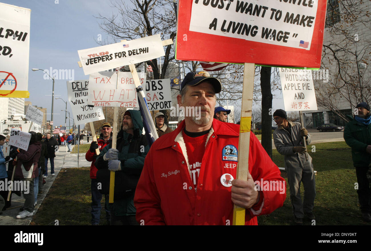Jan 08, 2006; Detroit, MI, USA; Ray Schaffler, a UAW member who has worked at the Toledo, OH, Jeep plant for 25 years, joined Delphi workers from Flint, MI, and others outside the North American Internation Auto Show to protest pension and health care cuts and losses of jobs overseas. Mandatory Credit: Photo by George Waldman/ZUMA Press. (©) Copyright 2006 by George Waldman Stock Photo
