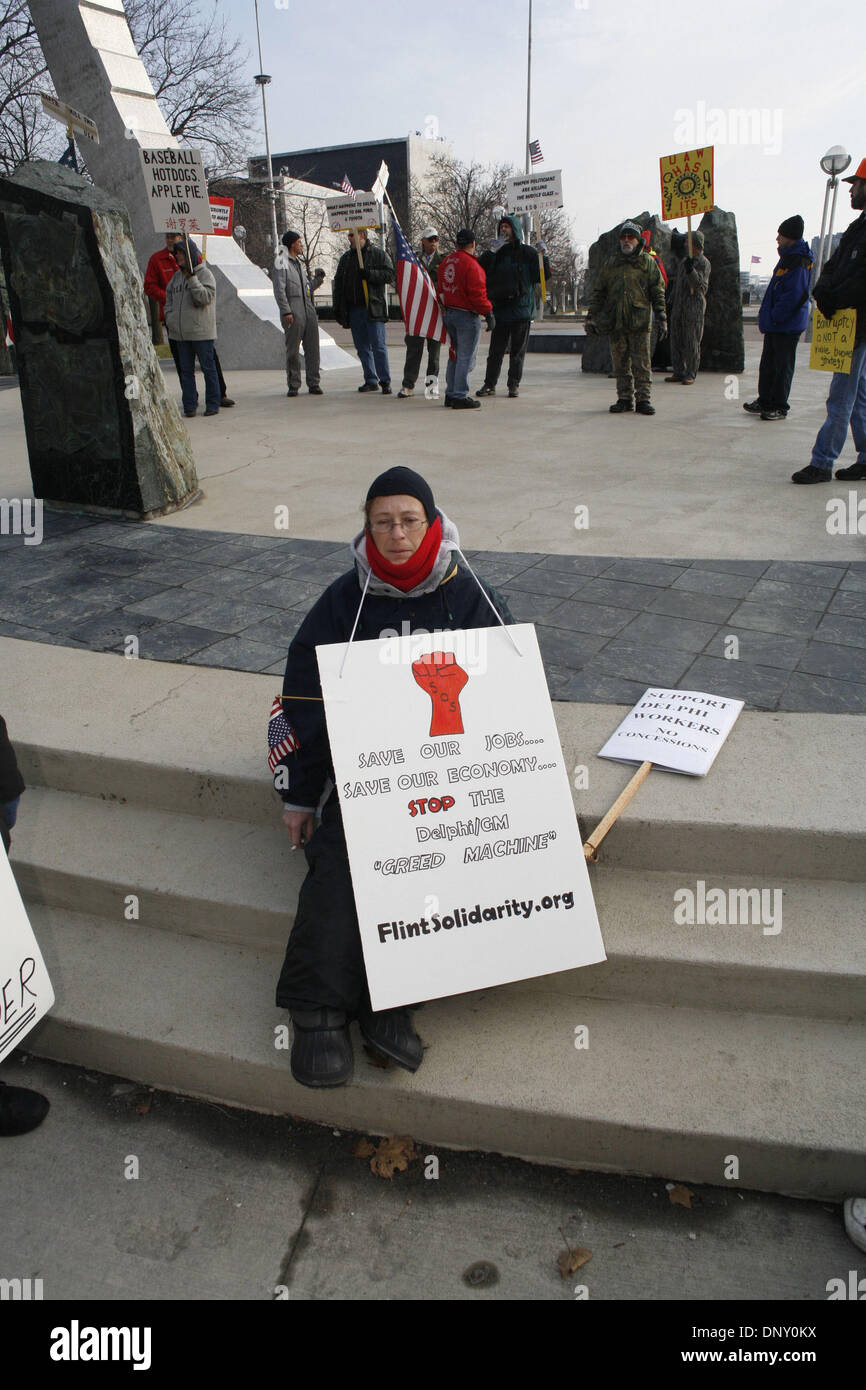 Jan 08, 2006; Detroit, MI, USA; Cheri McLaughlin who has worked at Delphi's Flint East plant-scheduled to close--for 27 years, currently working overtime, protests the treatment of workers in America outside the North American International Auto Show. Mandatory Credit: Photo by George Waldman/ZUMA Press. (©) Copyright 2006 by George Waldman Stock Photo