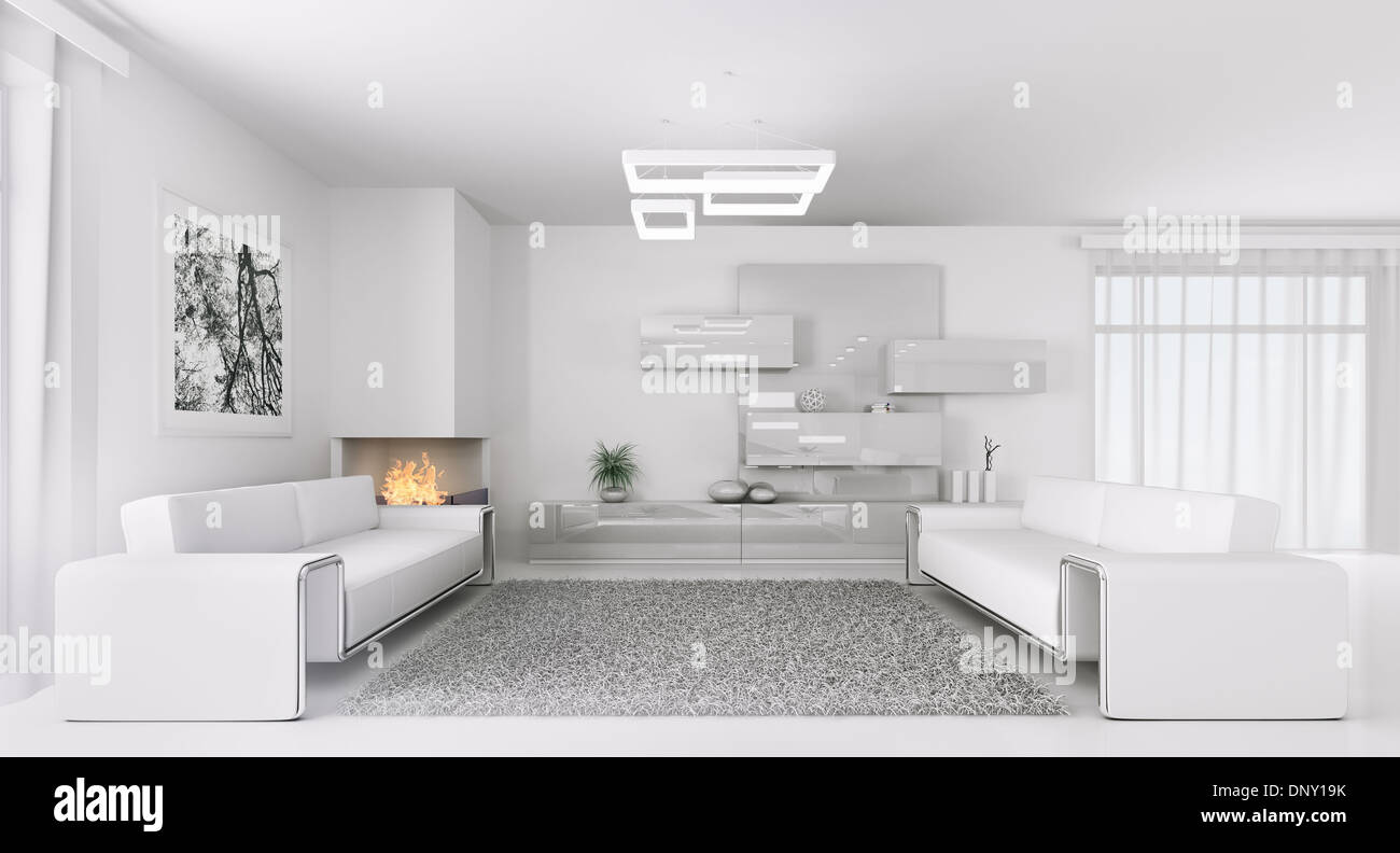 Interior of modern white living room with two sofas 3d render Stock ...