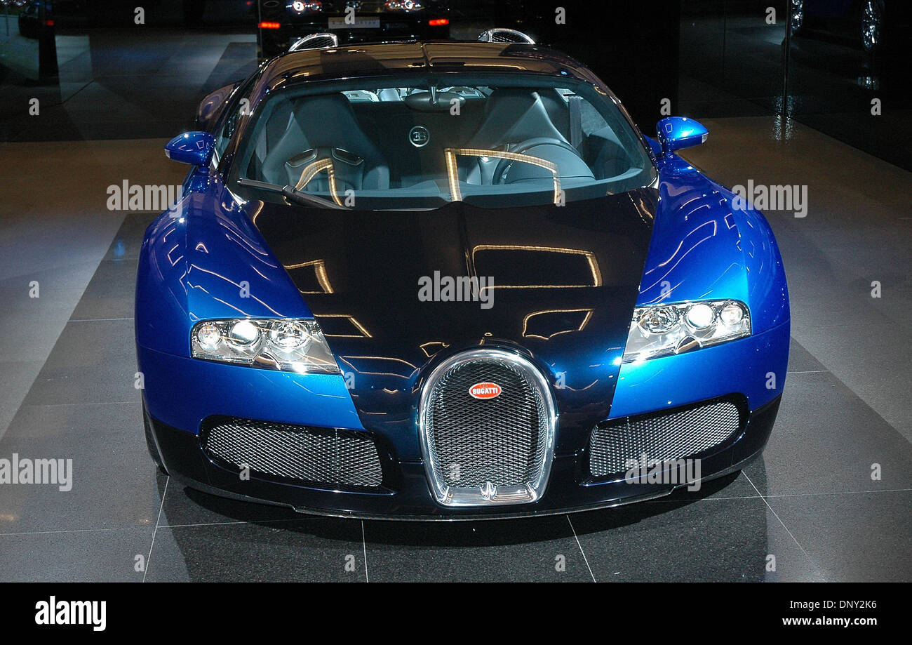 Jan 13, 2006; Los Angeles, CA, USA; Bugatti is one of the most fabled names in automotive history. Opened in 1908 by Etore Bugatti in Alsace, France, from 1910 thru 1956 Bugatti built some of the world's best high-performance luxury cars. This all-new Bugatti takes after it brethren as the world's fastest and most expensive automobile at $1,250.000.00. The Bugatti Veyron is a two-d Stock Photo