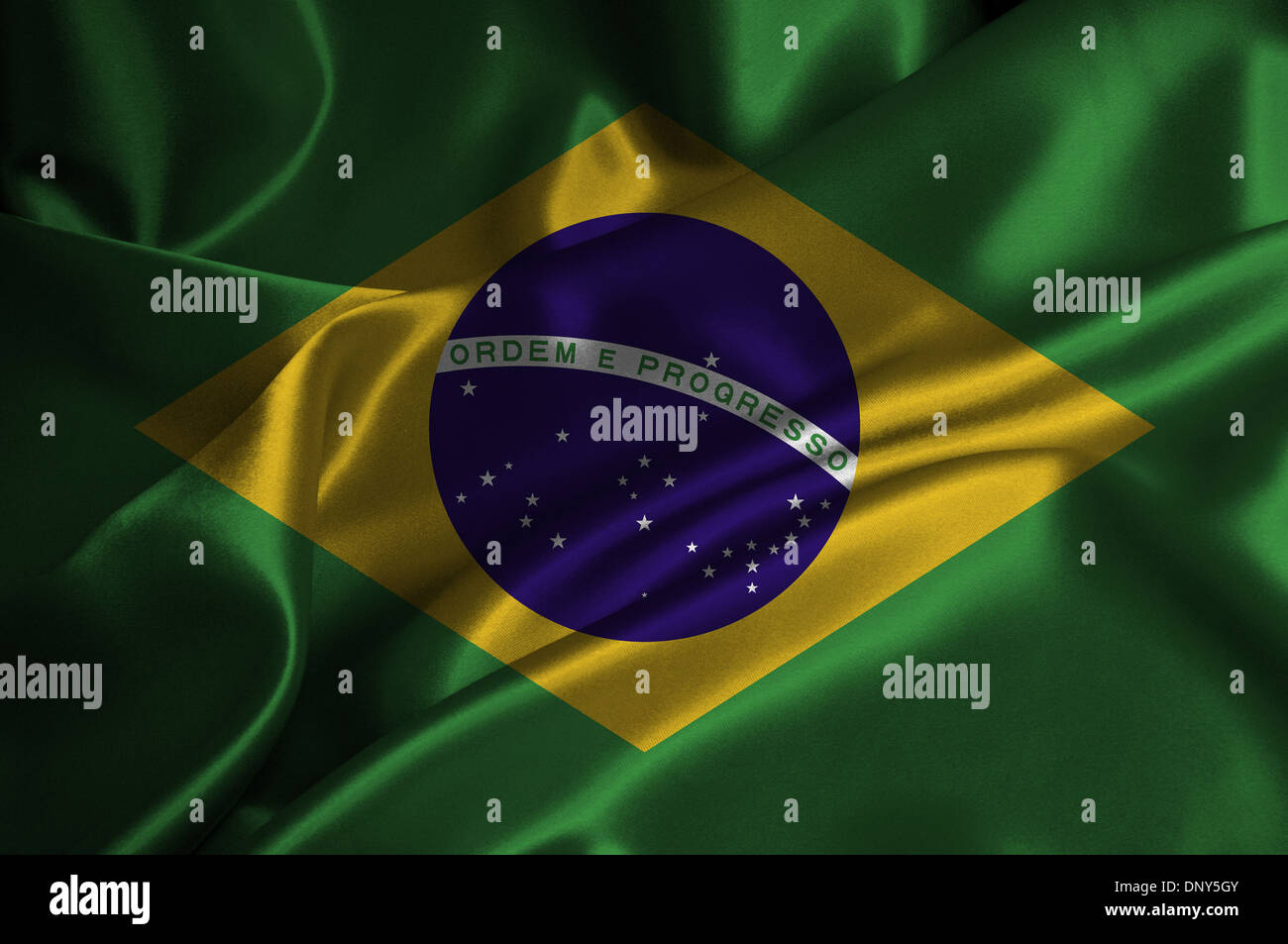 Brasil flag on satin texture. Stock Photo