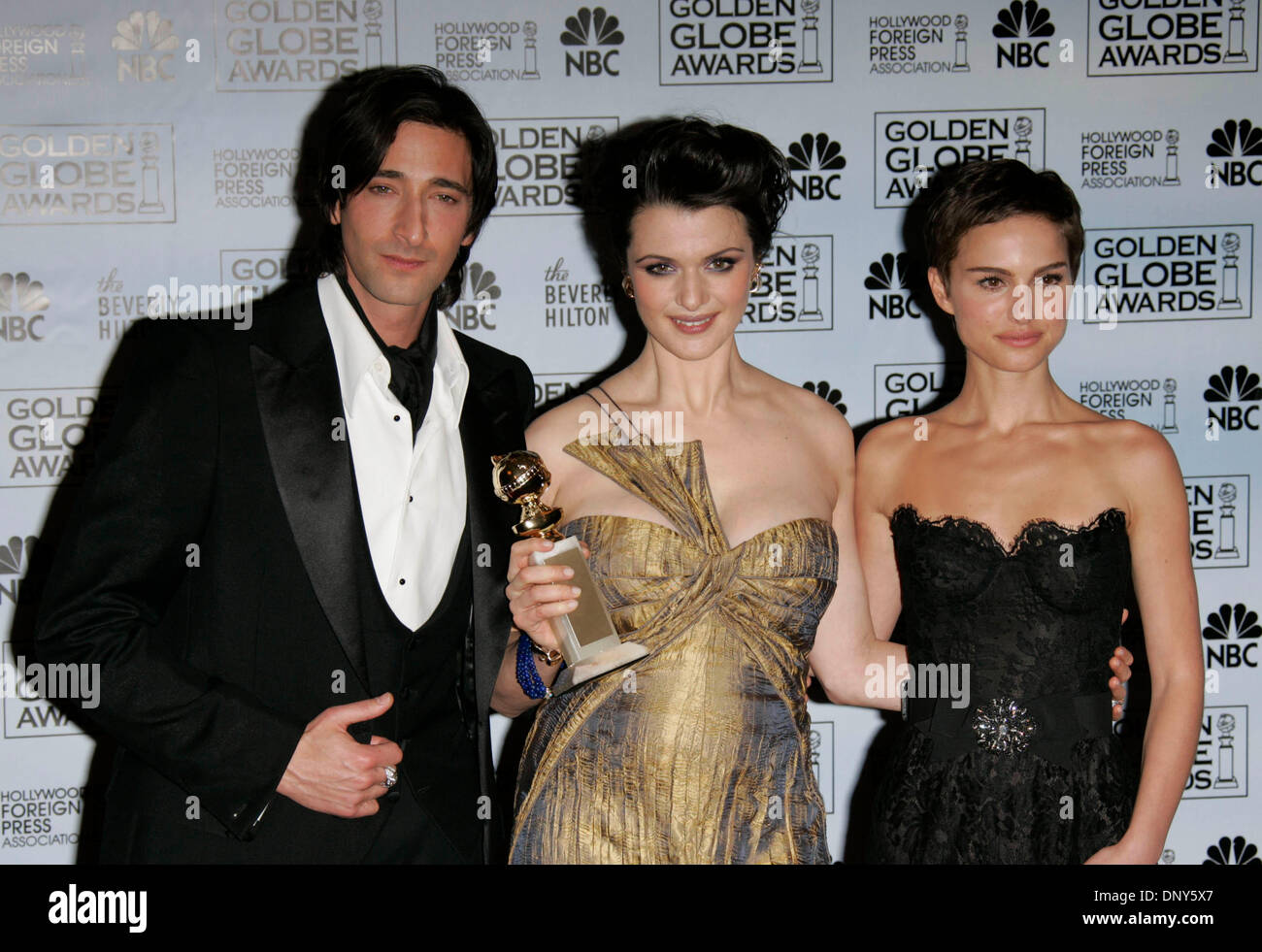 Jan 16, 2006; Beverly Hills, CA, USA; Golden Globes 2006: Actor ADRIEN  BRODY with RACHEL WEISZ and NATALIE PORTMAN in the press room at the 63rd  Annual Golden Globe Awards held at